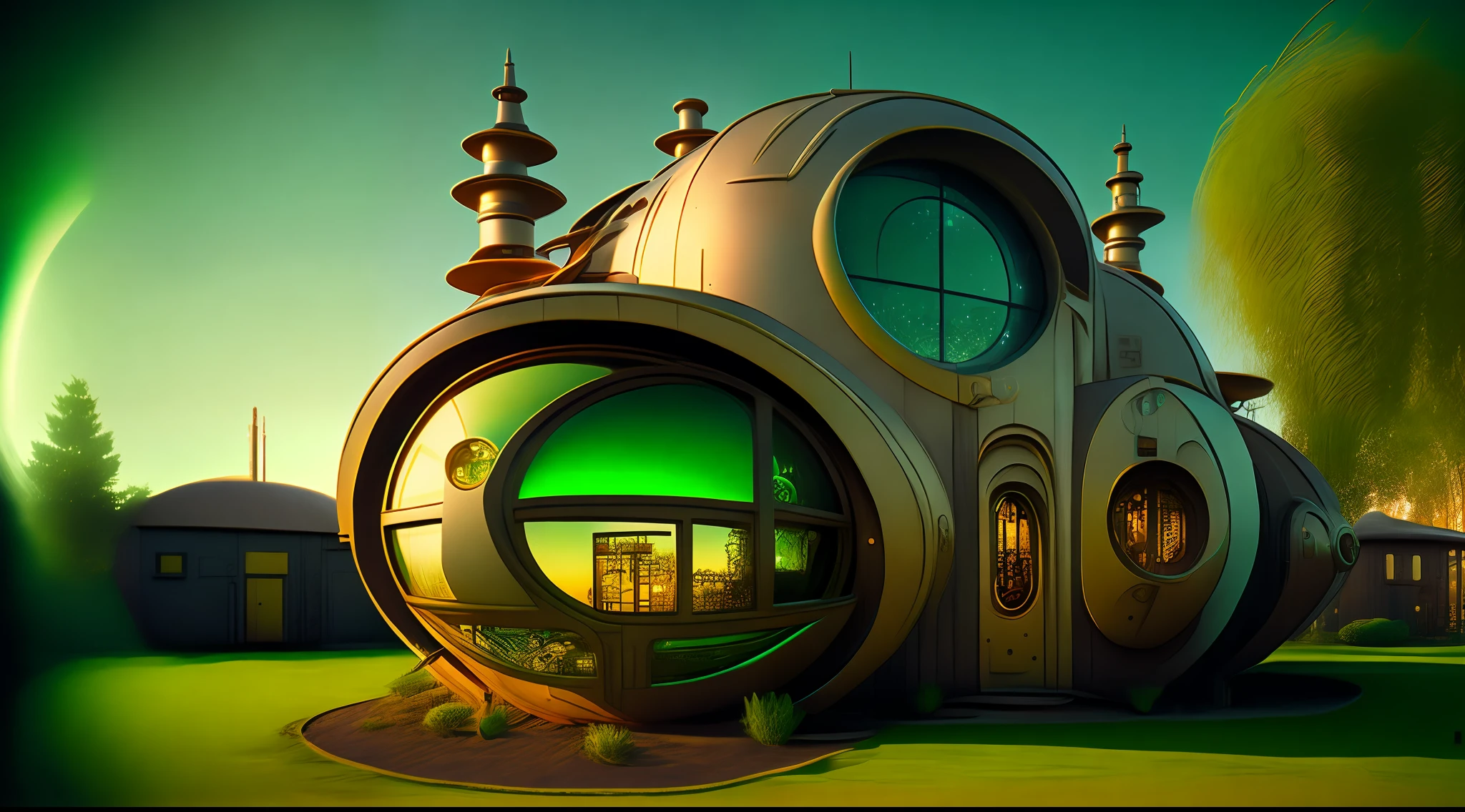 an extremely complex futuristic and advanced steampunk house, a spaceship in the garage, lots of technology on the walls of the house, technology decoration, normal small houses next door, green lawn, 2 sun to the sky, 200mm lens