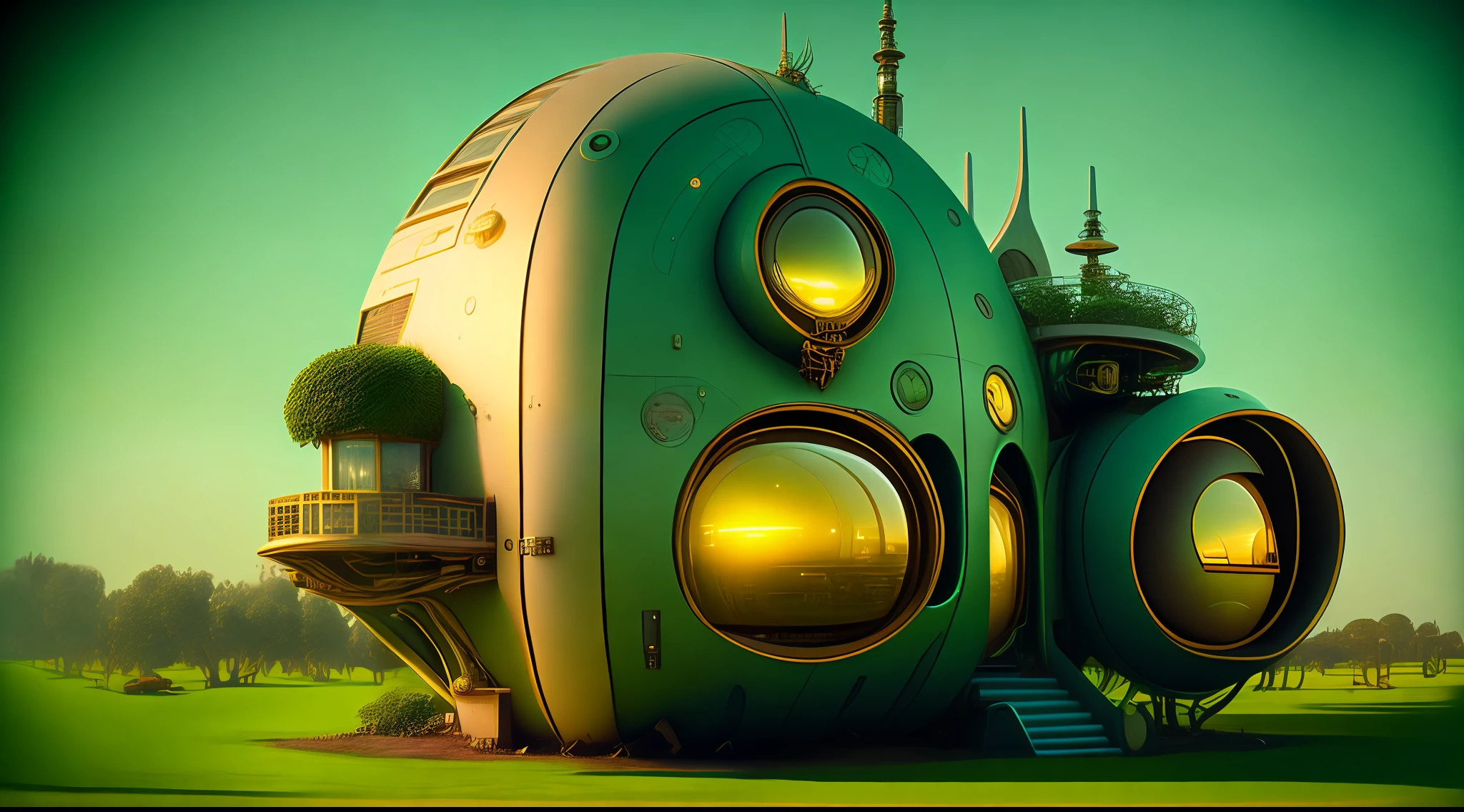 an extremely complex futuristic and advanced steampunk house, a spaceship in the garage, lots of technology on the walls of the house, technology decoration, normal small houses next door, green lawn, 2 sun to the sky, 200mm lens