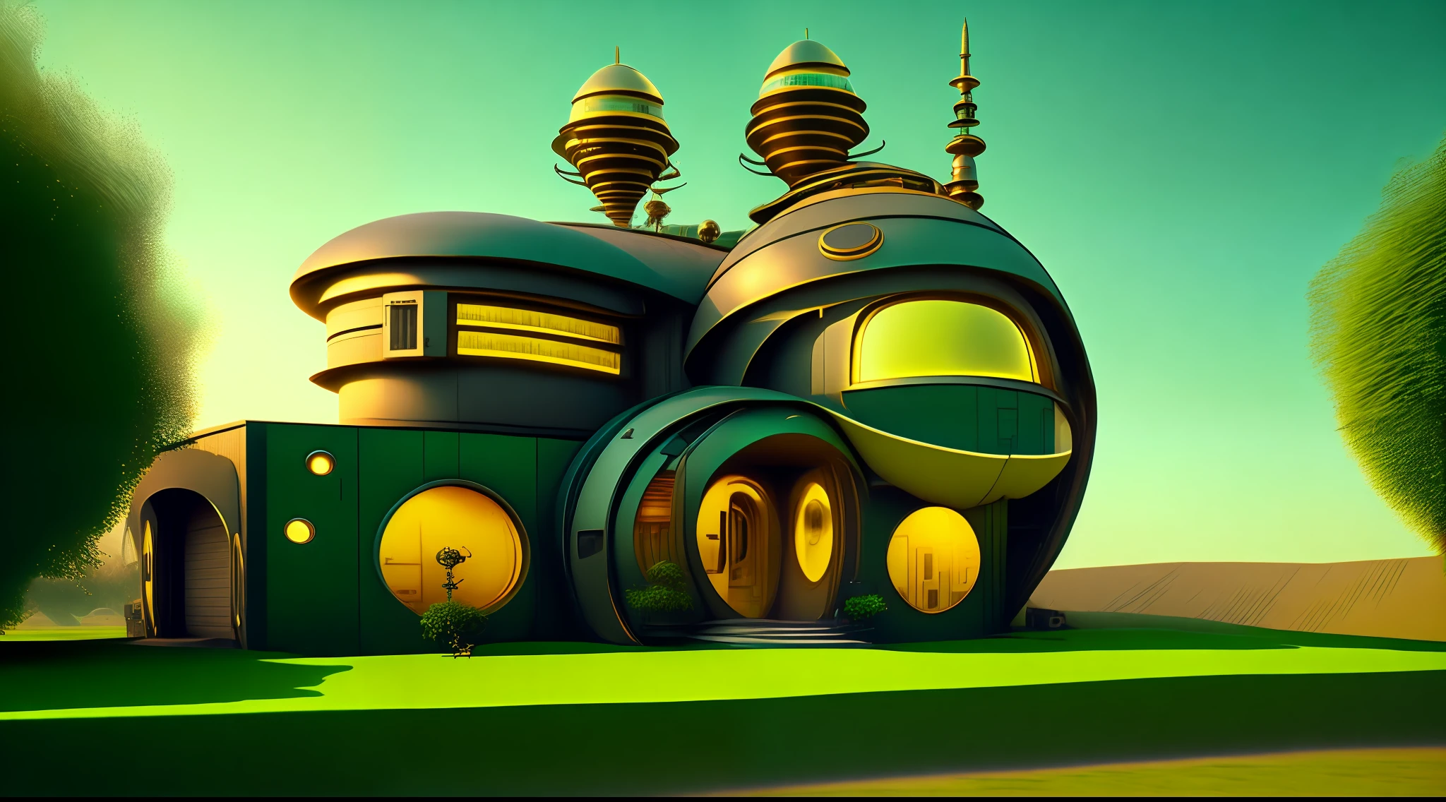 an extremely complex futuristic and advanced steampunk house, a spaceship in the garage, lots of technology on the walls of the house, technology decoration, normal small houses next door, green lawn, 2 sun to the sky, 200mm lens