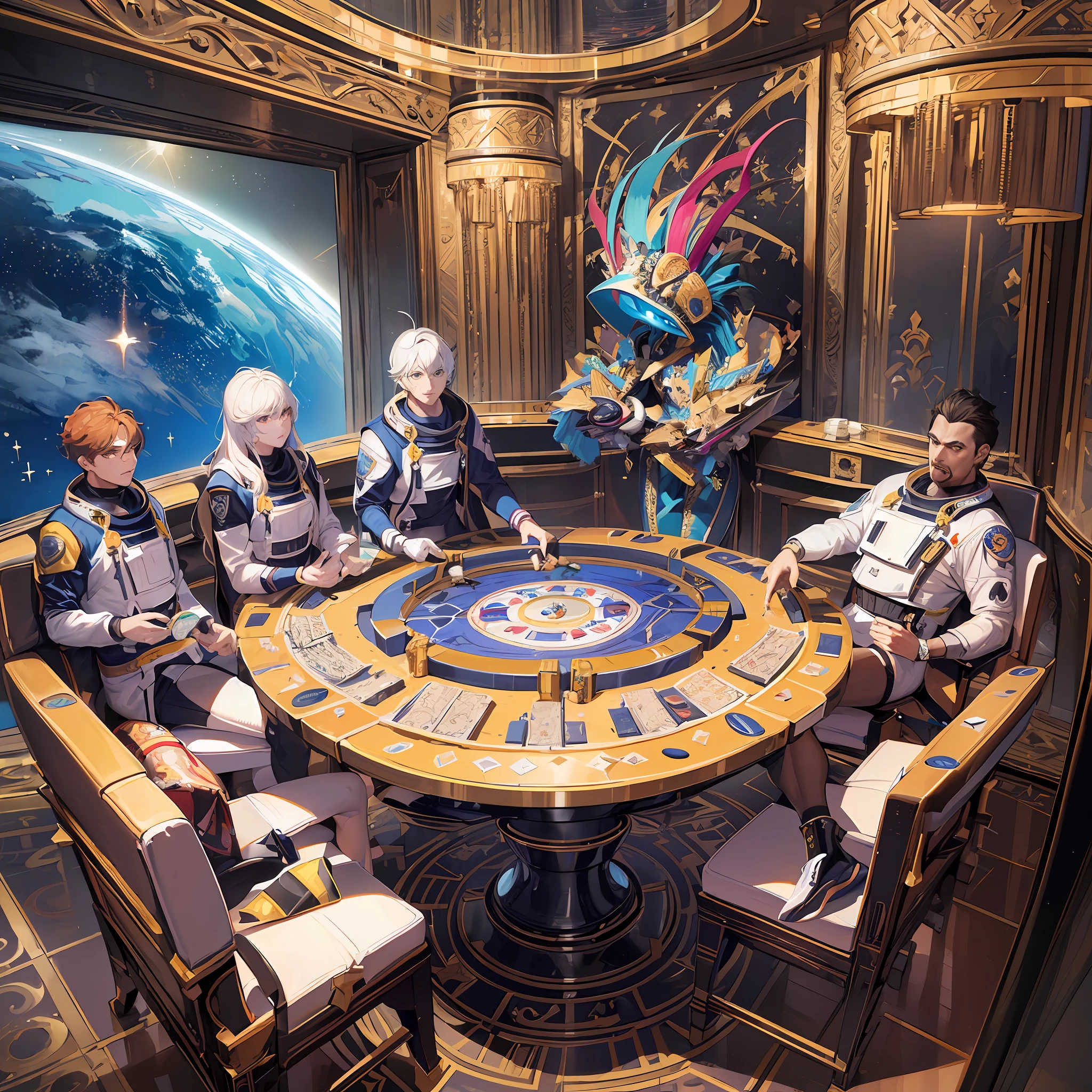 (extremely detailed CG unity 8k wallpaper, masterpiece, best quality, ultra-detailed), floating, high stakes, intense atmosphere, a group of astronauts and aliens sitting around a poker table, tense expressions, unique costumes and equipment, vibrant colors and lighting, asteroid casino, spectacular views of space. --auto --s2