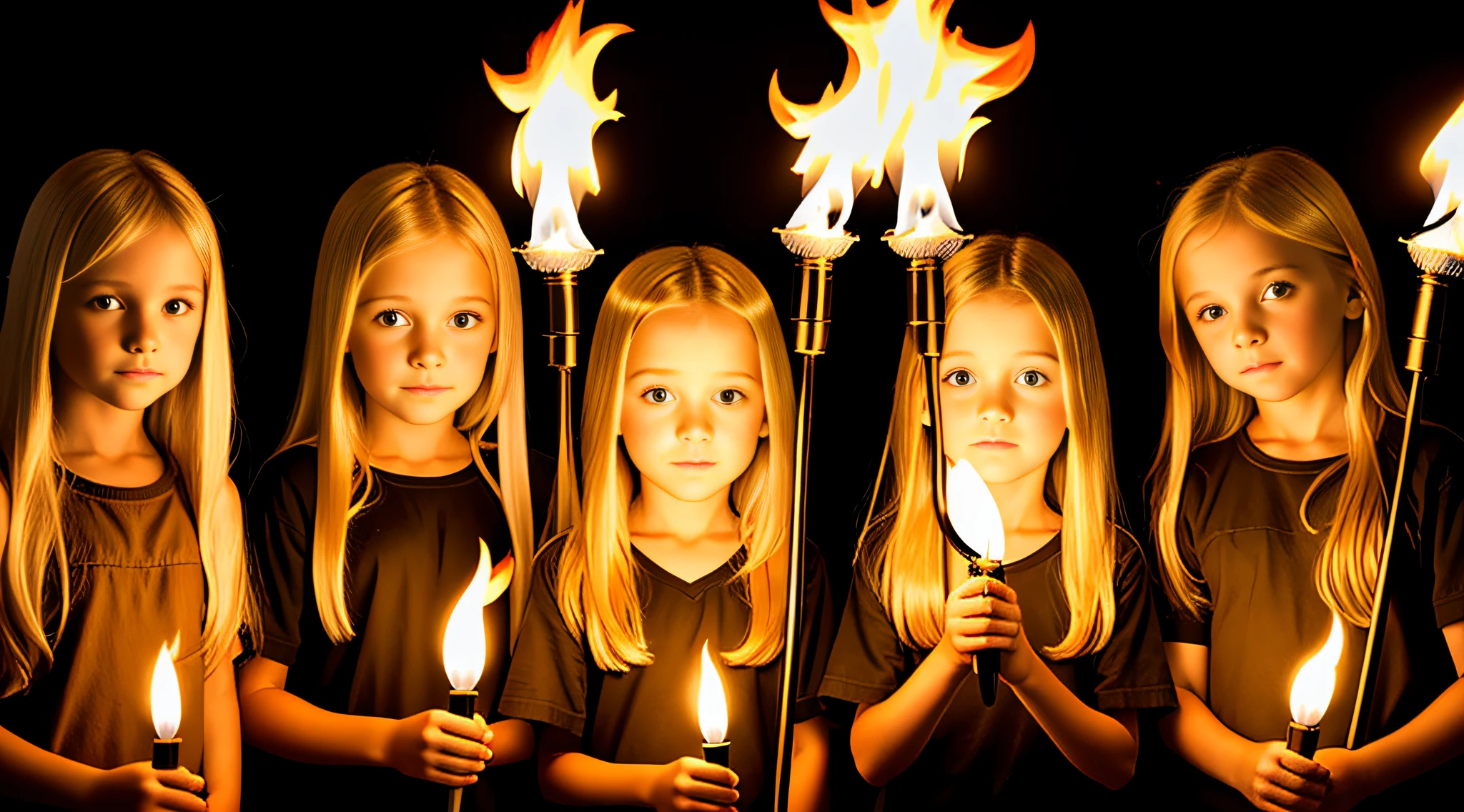 girls blonde children WITH STRAIGHT HAIR, WITH TORCHES OF FIRE IN HAND, WHITE BACKGROUND.