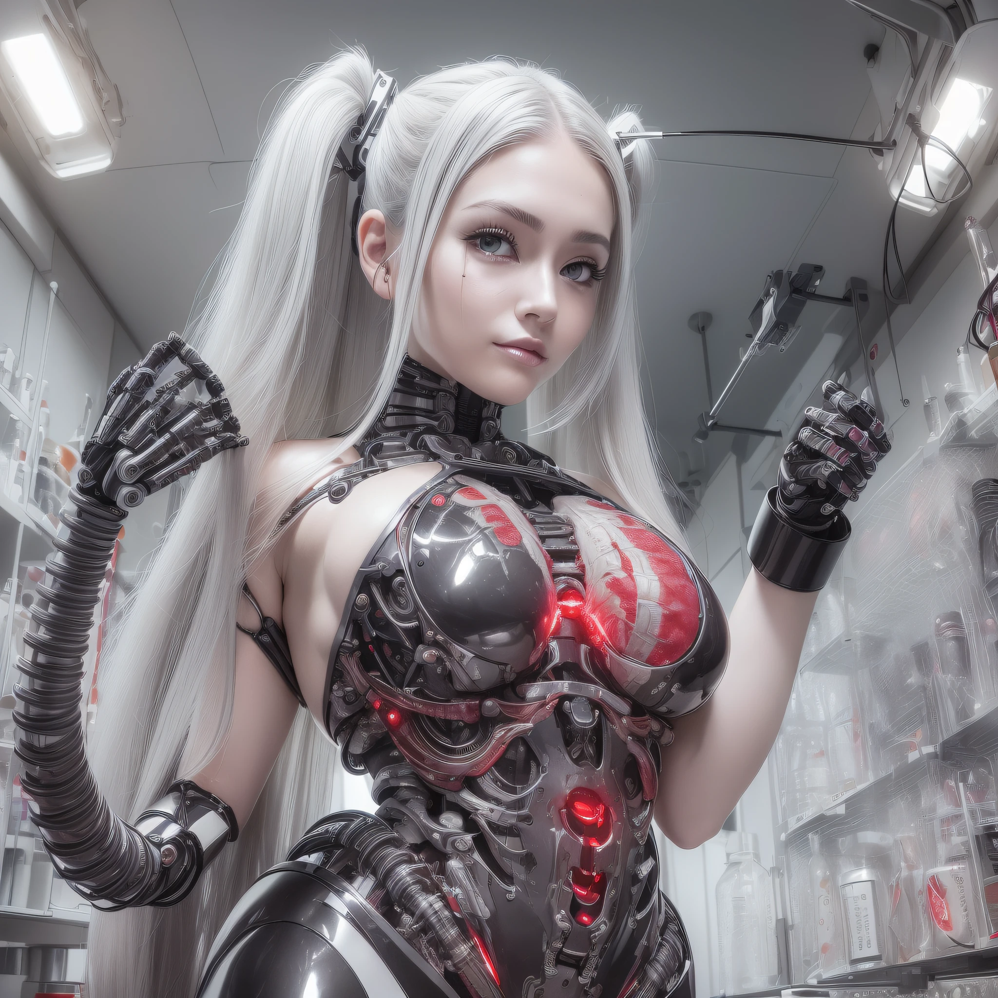 Beautiful Face,face is Japan, 1 Female, Big, Curvaceous, Top Quality, Masterpiece, Ultra Detailed, (Tube Attached Blood Vessel)((Bikini Cyborg Robot Parts)))), (Light Grey Hair), Long Hair, Wavy Hair, Twin Tails, Medium Shot, (((Seductive Smile)), (Black Eyes), Princess Cut,From Below, (whole body ),posing,,in the laboratory,( blood vessel connected to a tube),((mechanical vertebrae attached to the back)),((mechanical neck attached to the neck)),(wire cable attached to the head and body),(character focus),science fiction,