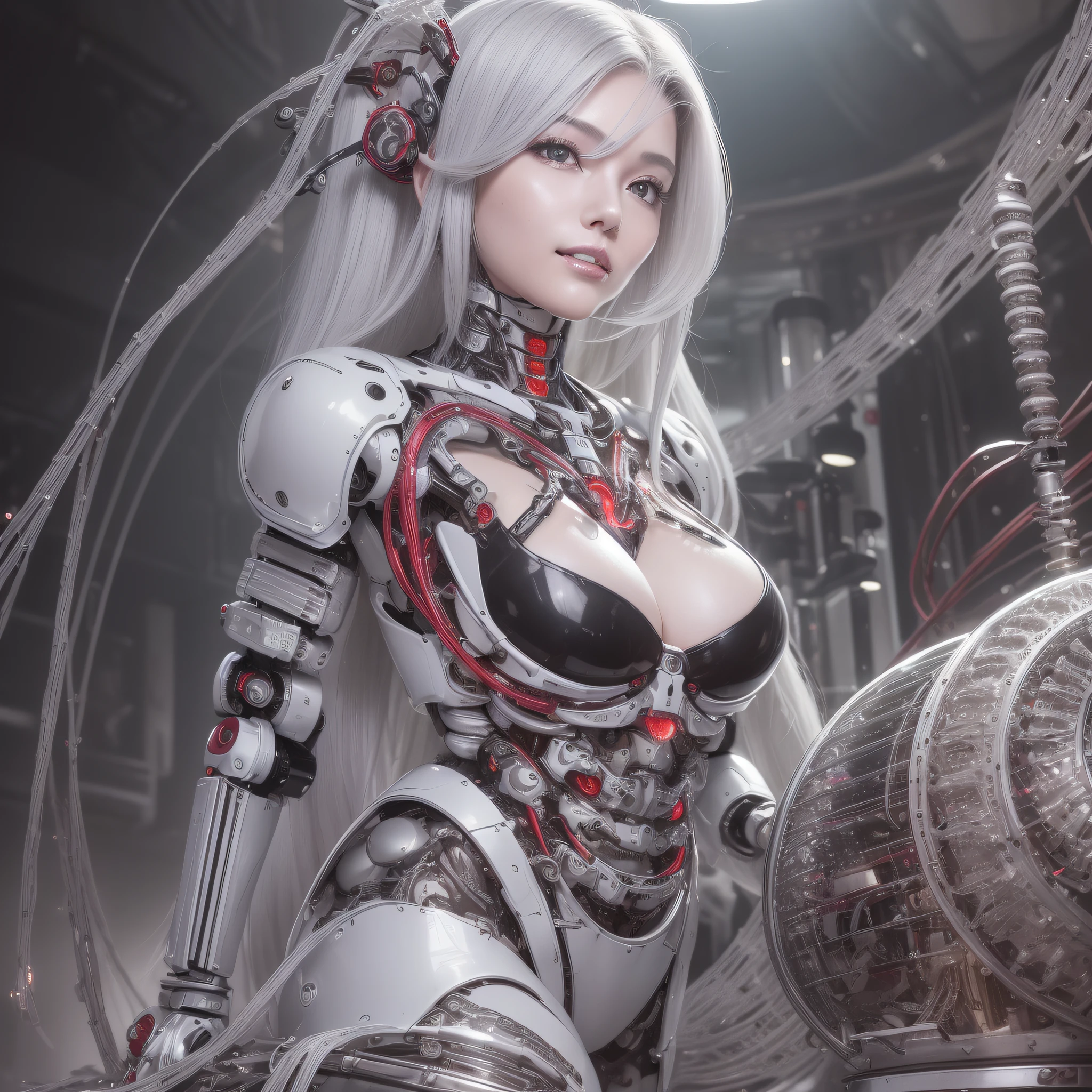 Beautiful Face,face is Japan, 1 Female, Big, Curvaceous, Top Quality, Masterpiece, Ultra Detailed, (Tube Attached Blood Vessel)((Bikini Cyborg Robot Parts)))), (Light Grey Hair), Long Hair, Wavy Hair, Twin Tails, Medium Shot, (((Seductive Smile)), (Black Eyes), Princess Cut,From Below, (whole body ),posing,,in the laboratory,( blood vessel connected to a tube),((mechanical vertebrae attached to the back)),((mechanical neck attached to the neck)),(wire cable attached to the head and body),(character focus),science fiction,
