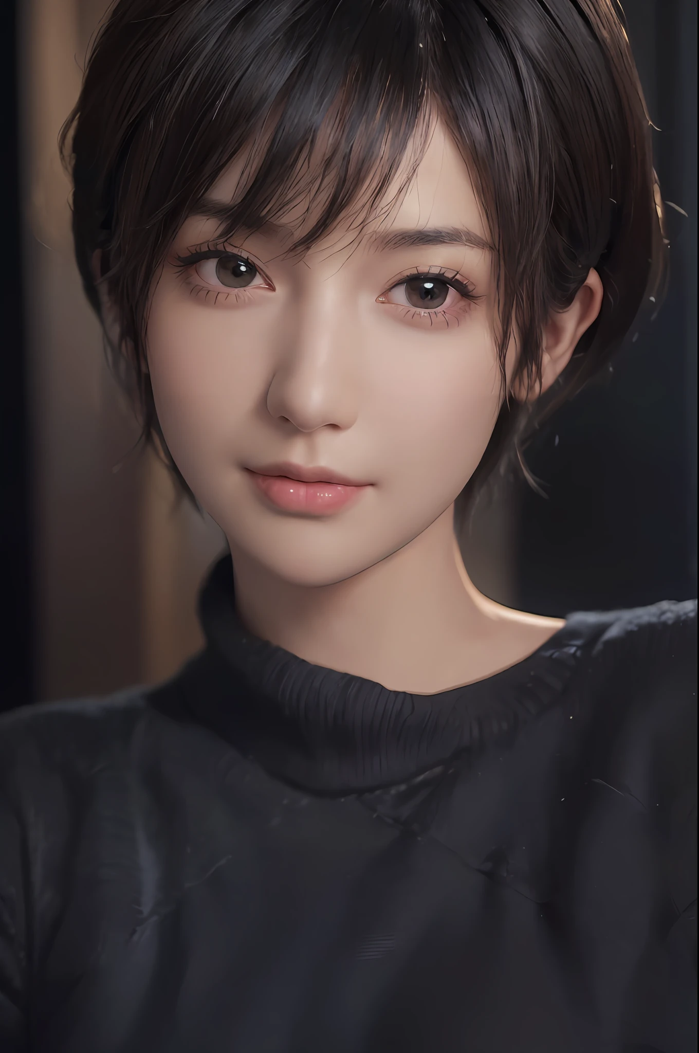 (masterpiece:1.3), (8k, photorealistic, RAW photo, best quality: 1.4), (1girl), beautiful face, (realistic face), (black hair, short hair:1.3), beautiful hairstyle, realistic eyes, beautiful detailed eyes, (realistic skin), beautiful skin, (sweater), absurdres, attractive, ultra high res, ultra realistic, highly detailed, golden ratio