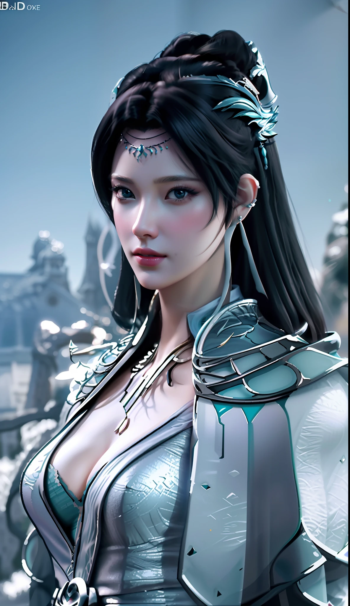 Black background wall, blurred background, highest quality, close-up of a woman, perfect face, perfect figure, alluring, charming, ultra hd, textured skin, super detail, 8k, super fine, extra large breasts, huge breasts, breast exposure, perfect face, delicate eyes, seductive, charming, half nude, 3d rendered character art 8K, fantasy characters, 3DCG, close-up of a woman, perfect face, perfect figure, alluring, charming, hands to the back, looking at me head-on, stereoscopic, textured skin, super detailed characters , 8k, fantasy characters, 3DCG, masterpiece, CGstation, peerless beauty, 3DCG, movie bloom, movie soft light, skin type, flawless, delicate nose, peerless beauty, sister, royal sister, 3D movie character 8K, movie bloom, movie soft light, skin white as jade, flawless, god