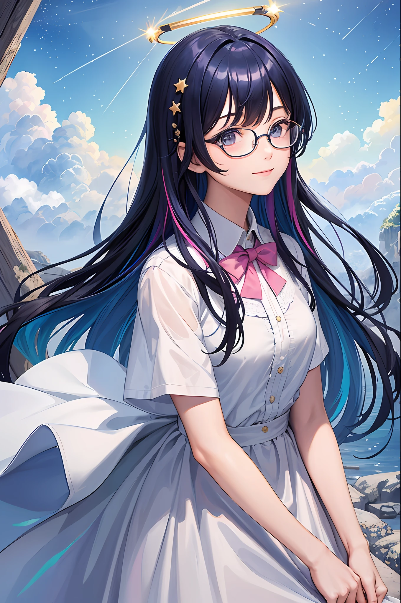 (Masterpiece, Top Quality, Best Quality, Watercolor (Medium), Official Art, Beautiful and Aesthetic: 1.2), (1 Girl: 1.3), (Fractal Art: 1.3), Upper Body, From the Side, Look at the Viewer, Pattern, (Iridescent Hair, Colorful Hair, Half Blue and Half Pink Hair: 1.2), Water, Liquid, Clouds, Colorful, Starry Sky, Stars, School Uniform, Smile, Halo, Meteor, Odd Eye, Glasses, Iridescent Eyes