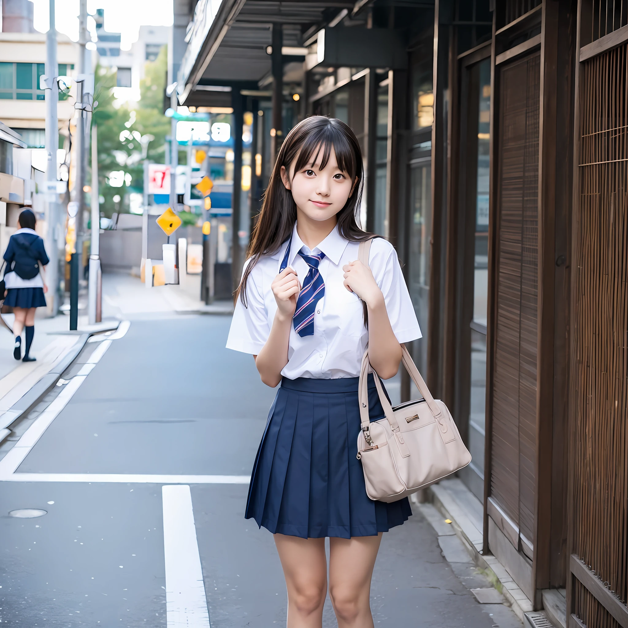 raw photo of a japanese girl wearing a schoolgirl uniform, skirt, posing, streets --auto --s2