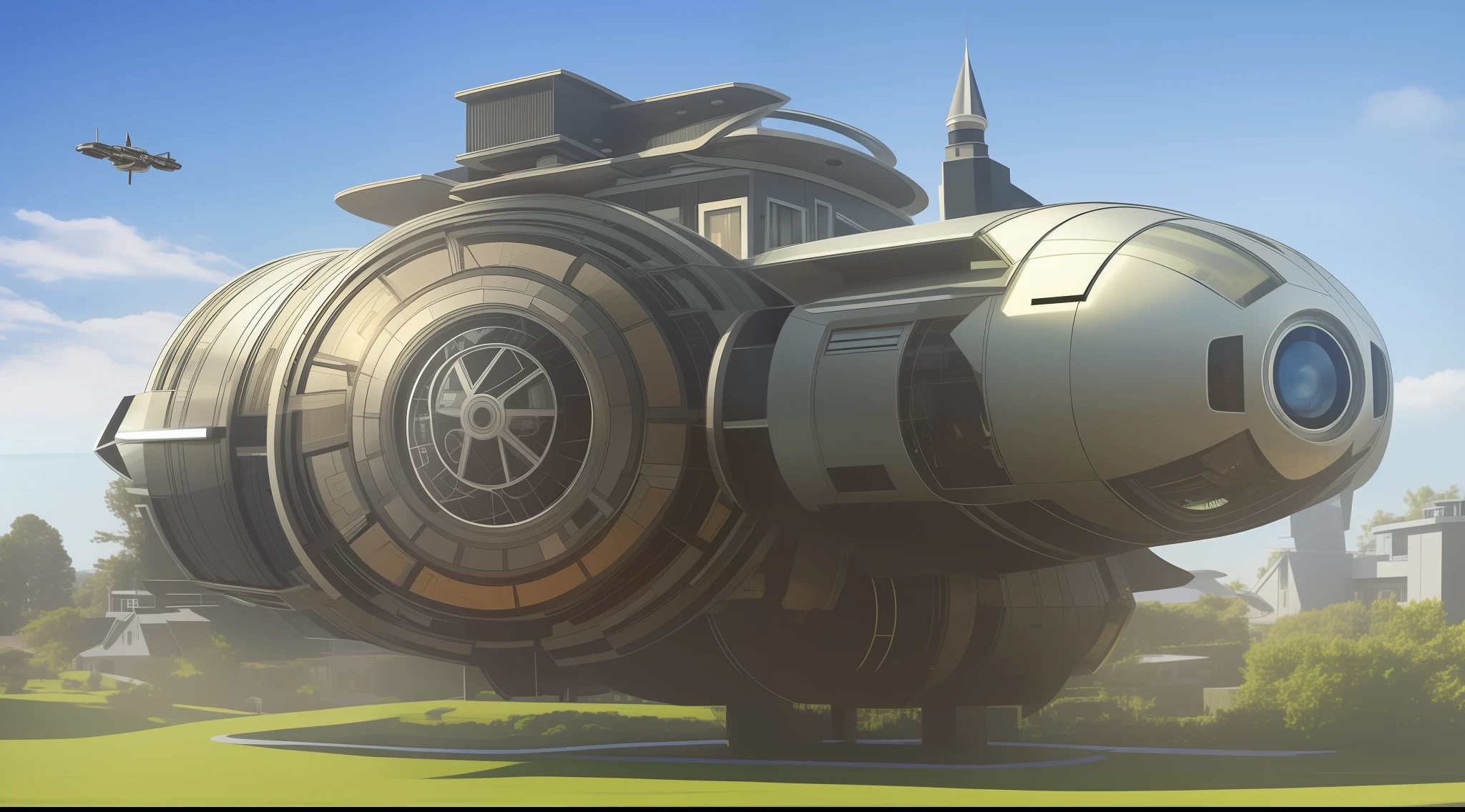 an extremely complex futuristic and advanced steampunk house, a flying vehicle in the garage, lots of technology on the walls of the house, technology decoration, normal small houses next door, green lawn, 2 sun in the sky, 200mm lens