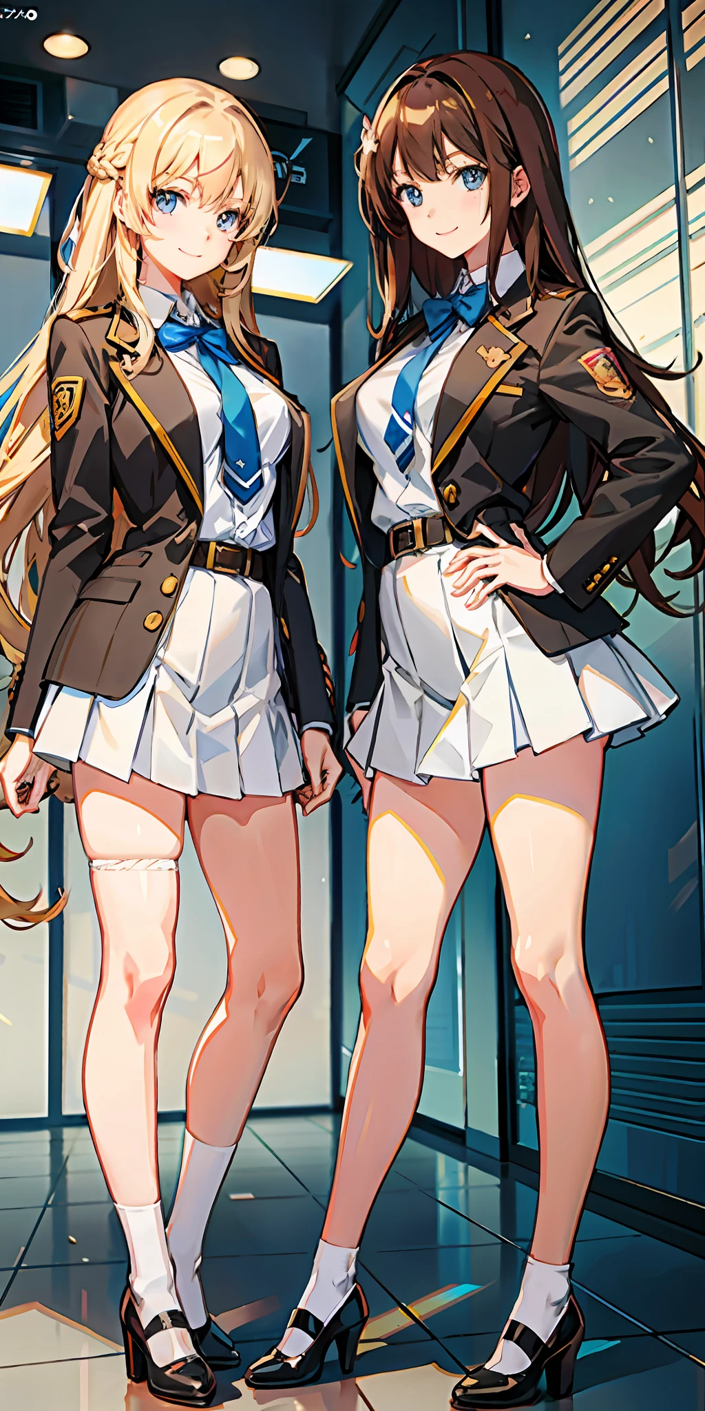 perfect anime illustration, 17 year old girls, medium breasts, 2girls, (1 blonde girl, 1 brown haired girl), twin sisters, rich girls, brown hair, blonde hair, curly hair, long hair, different hair colors, hazel eyes, smiling, white skin, school uniform, blazer, white thigh high socks, high heels, matching outfits, highres, bedroom, full body