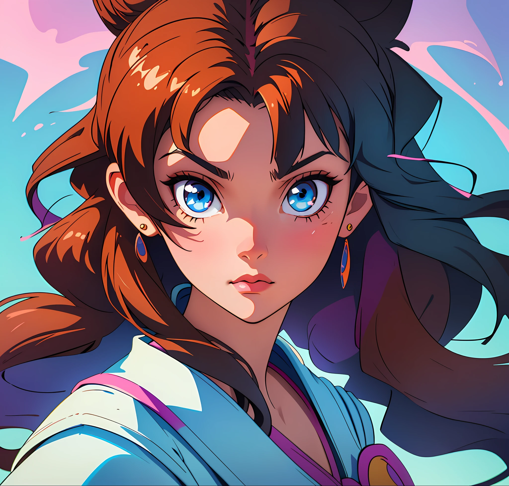 (best quality:1.3), (ultra-detailed:1.3), ((8k high quality detailed art)), (best shadow:0.7), (hair handled), ((long hair)), (sharp eyeliner, eyeshadow, detailed eyes:1.1), (detailed hair), perfect anatomy, sharp focus, hyper detailed, detailed eyes, eye focus, (illustration:1.1), highres, (extremely detailed CG unit 8k wallpaper:1.1), (mid shot1.25), (portrait:1.25), (solo:1.2), (((1girl))), (beautiful face:1.15), Anime girl with long brown hair and blue eyes wearing a necklace and earrings, 80s anime art style, 80s anime vibe, sailor moon aesthetic