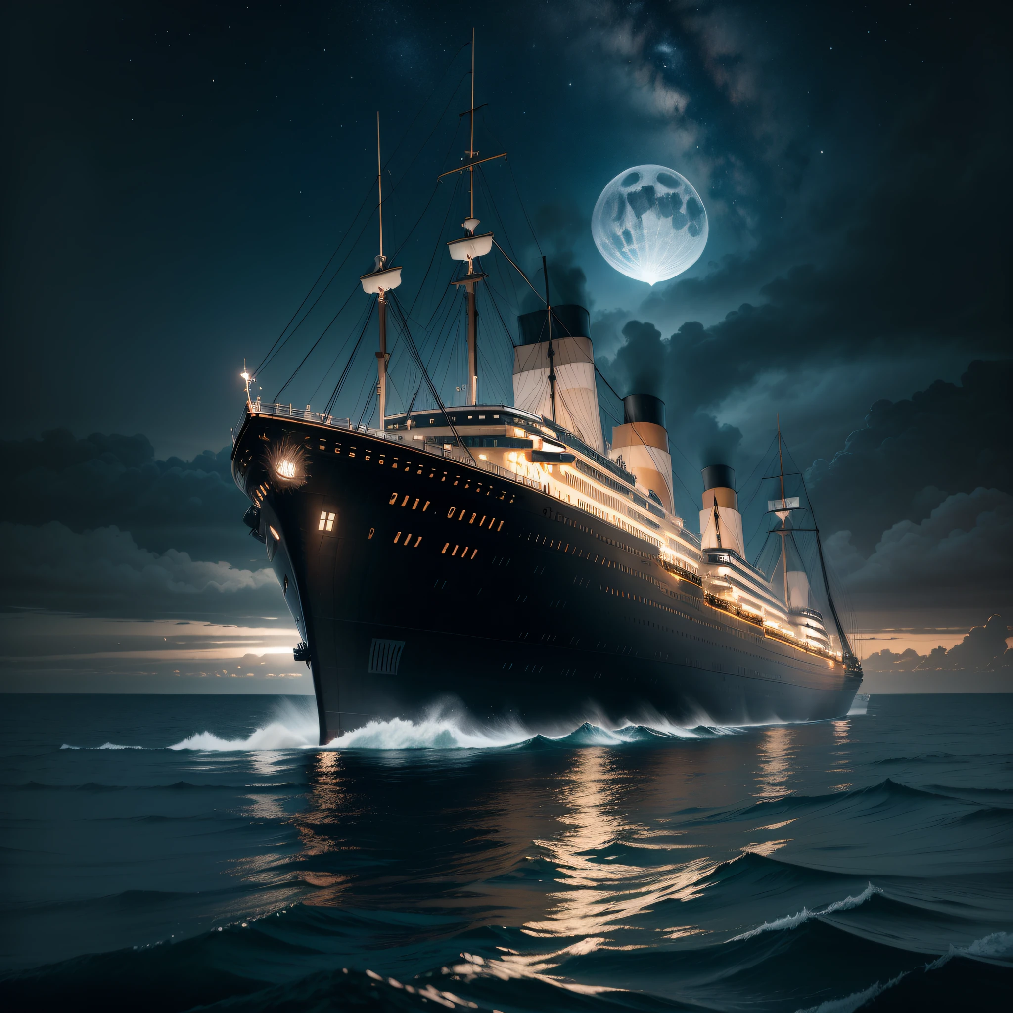 The image depicts the majestic RMS Titanic sailing head-on on a cold night. As the dark, serene waters of the ocean reflect the moonlight, the towering ship cuts through the icy sea with gracefulness and power. Its elegant and imposing prows stand out against the night horizon, while soft lights emanate from the windows and masts. Soft smoke emerges from the chimneys, evoking a sense of impending adventure and romance. In this enigmatic atmosphere, the Titanic defies the unknown, representing both the promise of a luxurious voyage and the tragedy that awaits it beyond the horizon. It's a captivating sight of the legendary ship, immortalized in the collective memory as a symbol of the grandeur, fragility and tragic fate that awaited it.