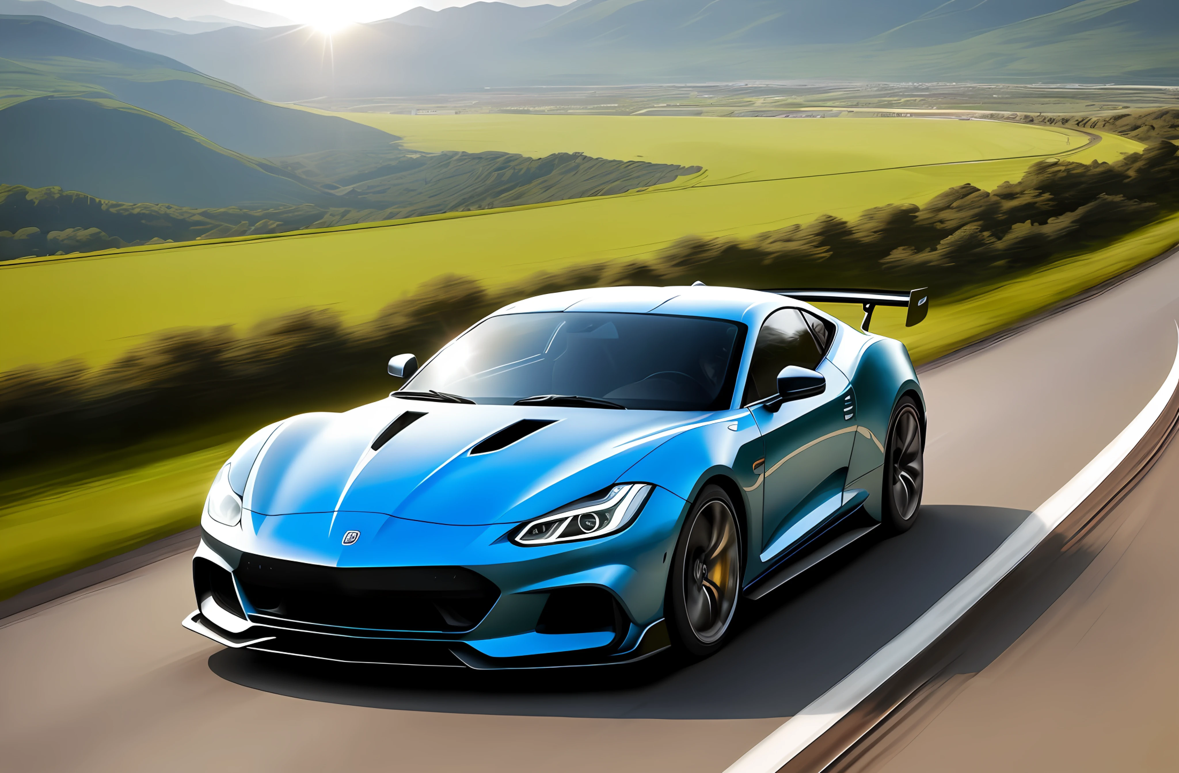 Sports car running at high speed on a train track, and from the mountain sides and with the sun behind the car at night