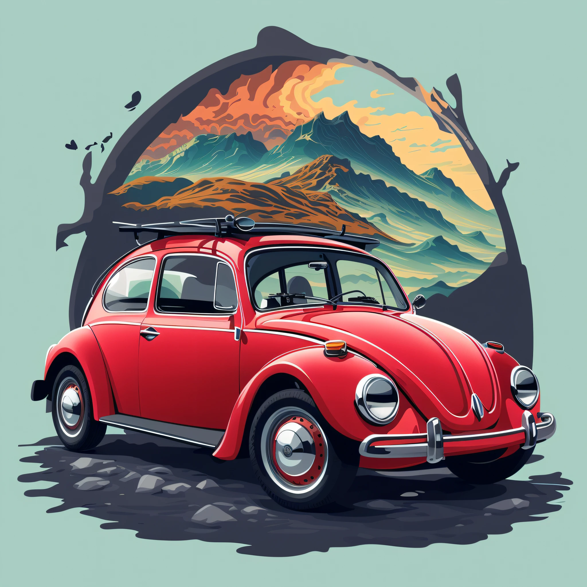 there is a red car with a surfboard on top of it, beetle, beetle-inspired, in style of digital illustration, digital painting highly detailed, detailed vectorart, vehicle illustration, highly detailed vector art, stylized digital illustration, detailed 2d illustration, highly detailed hyper real retro, low detailed. digital painting, a beautiful artwork illustration, retro illustration