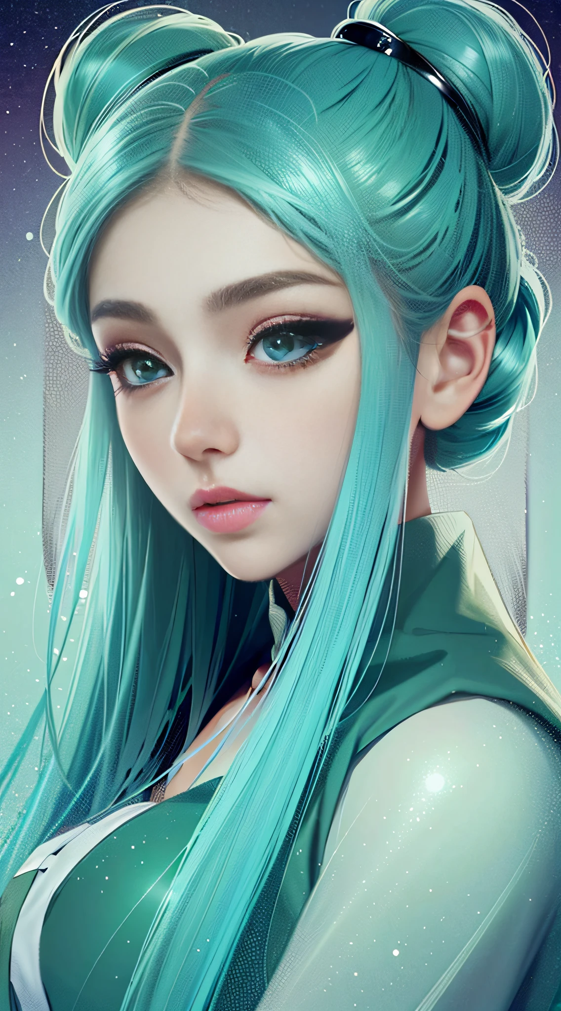 1girl, solo focus, 1girl, skin imperfection, light fair skin, perfect face, puffy face, beautiful face, big eyes, puffy eyes, green eyes, perfect eyes, eyelashes, medium space buns ombre hair
