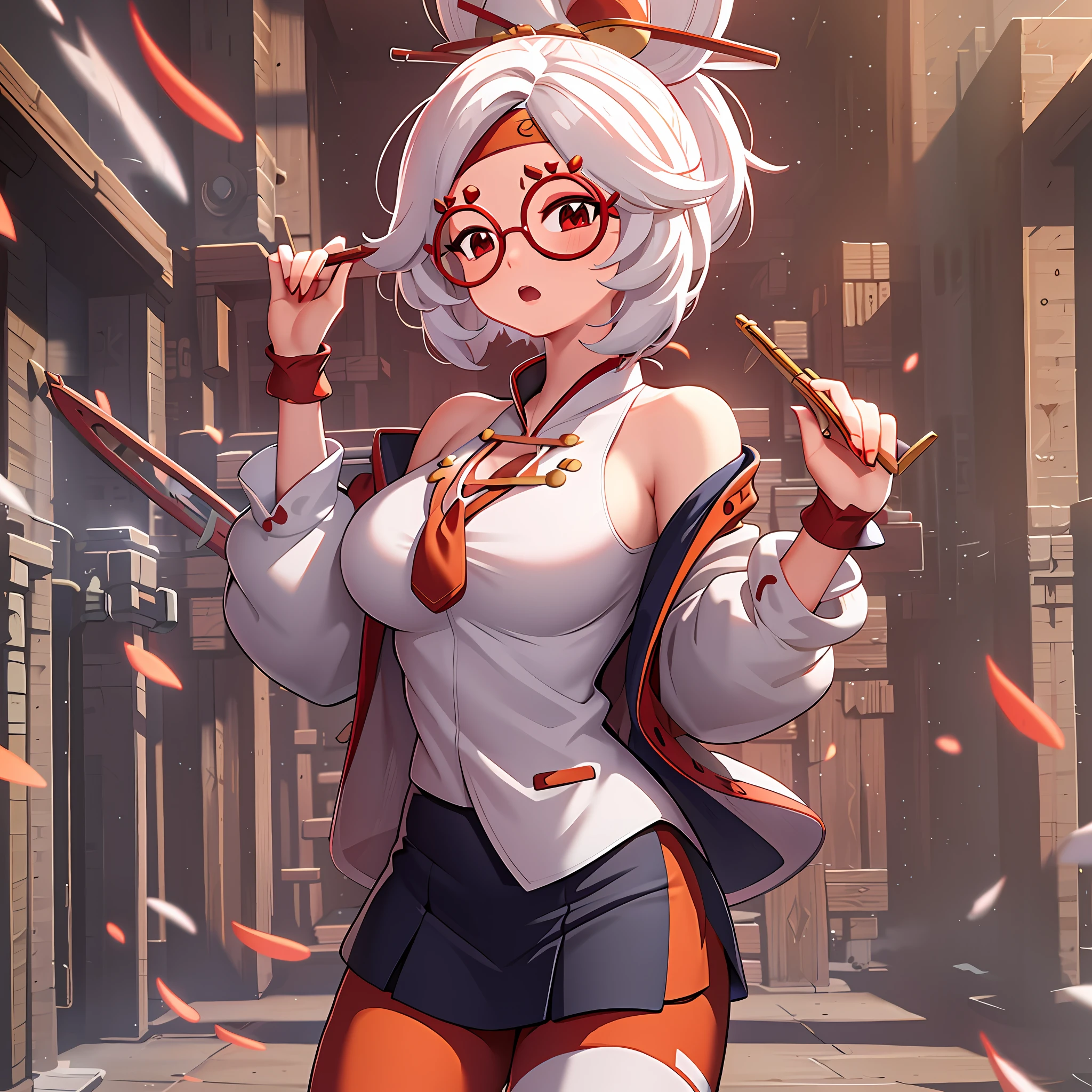 purah, red glasses, hair ornament, hair stick, red headband, white shirt, bare shoulders, white jacket, black skirt, orange leggings, high heels
