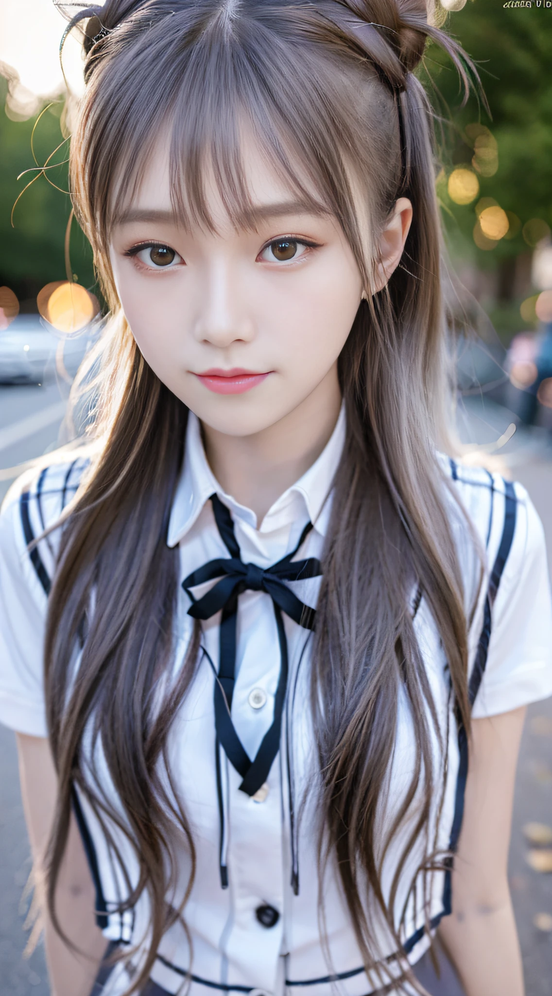 8k, best quality, masterpiece, realistic, ultra detail, photography, HDR, ROW photo, highres, absurdres, cinematic light, official art, High-definition, depth of field,
full body, beautiful legs, slender, cute face, smile, beautiful details eyes, 19years old korean, pretty, Double buns with lavender color,
school uniform, street, morning, running,