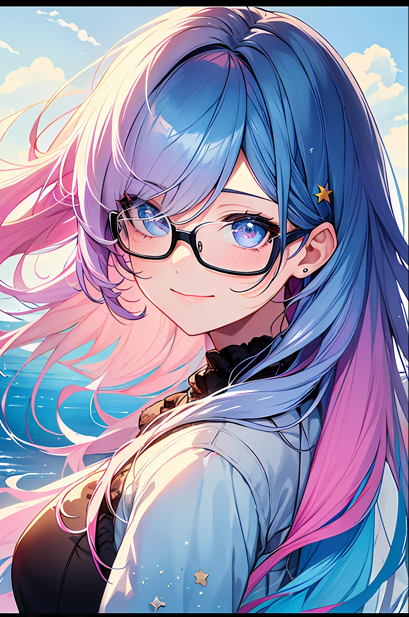 (Masterpiece, Best Quality, Best Quality, Watercolor (Medium), Official Art, Beautiful and Aesthetic: 1.2), (1 Girl: 1.3), (Fractal Art: 1.3), Upper Body, From the Side, Looking at the Viewer, Pattern, (Iridescent Hair, Colorful Hair, Half Blue and Half Pink Hair: 1.2), Water, Liquid, Clouds, Colorful, Starry Sky, Stars, Smile, Glasses, Close Up