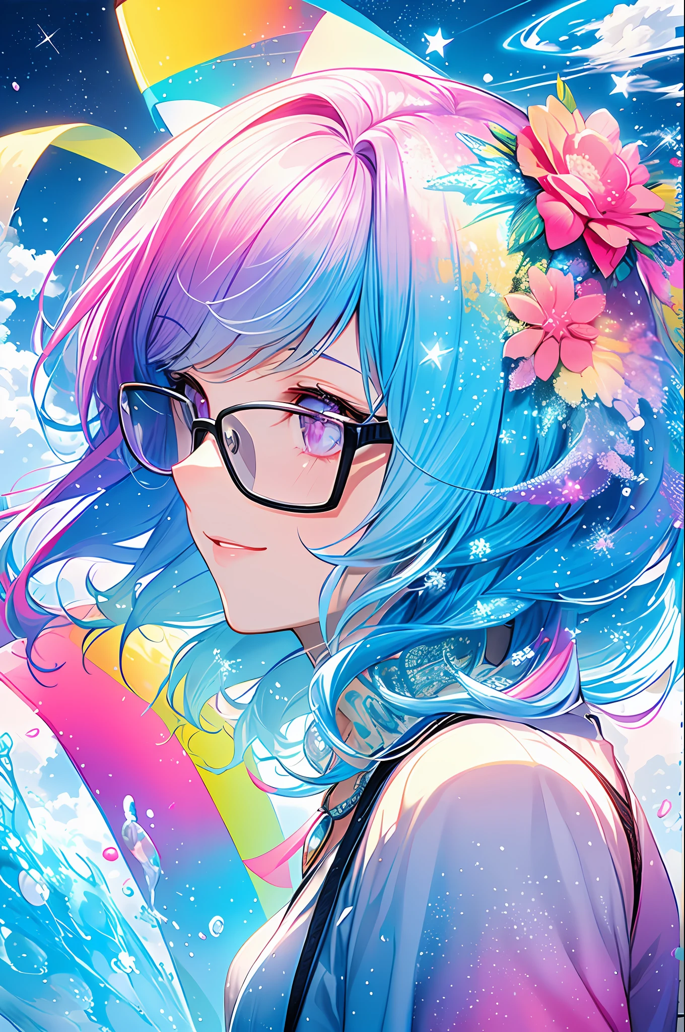 (Masterpiece, Best Quality, Best Quality, Watercolor (Medium), Official Art, Beautiful and Aesthetic: 1.2), (1 Girl: 1.3), (Fractal Art: 1.3), Upper Body, From the Side, Looking at the Viewer, Pattern, (Iridescent Hair, Colorful Hair, Half Blue and Half Pink Hair: 1.2), Water, Liquid, Clouds, Colorful, Starry Sky, Stars, Smile, Glasses, Close Up