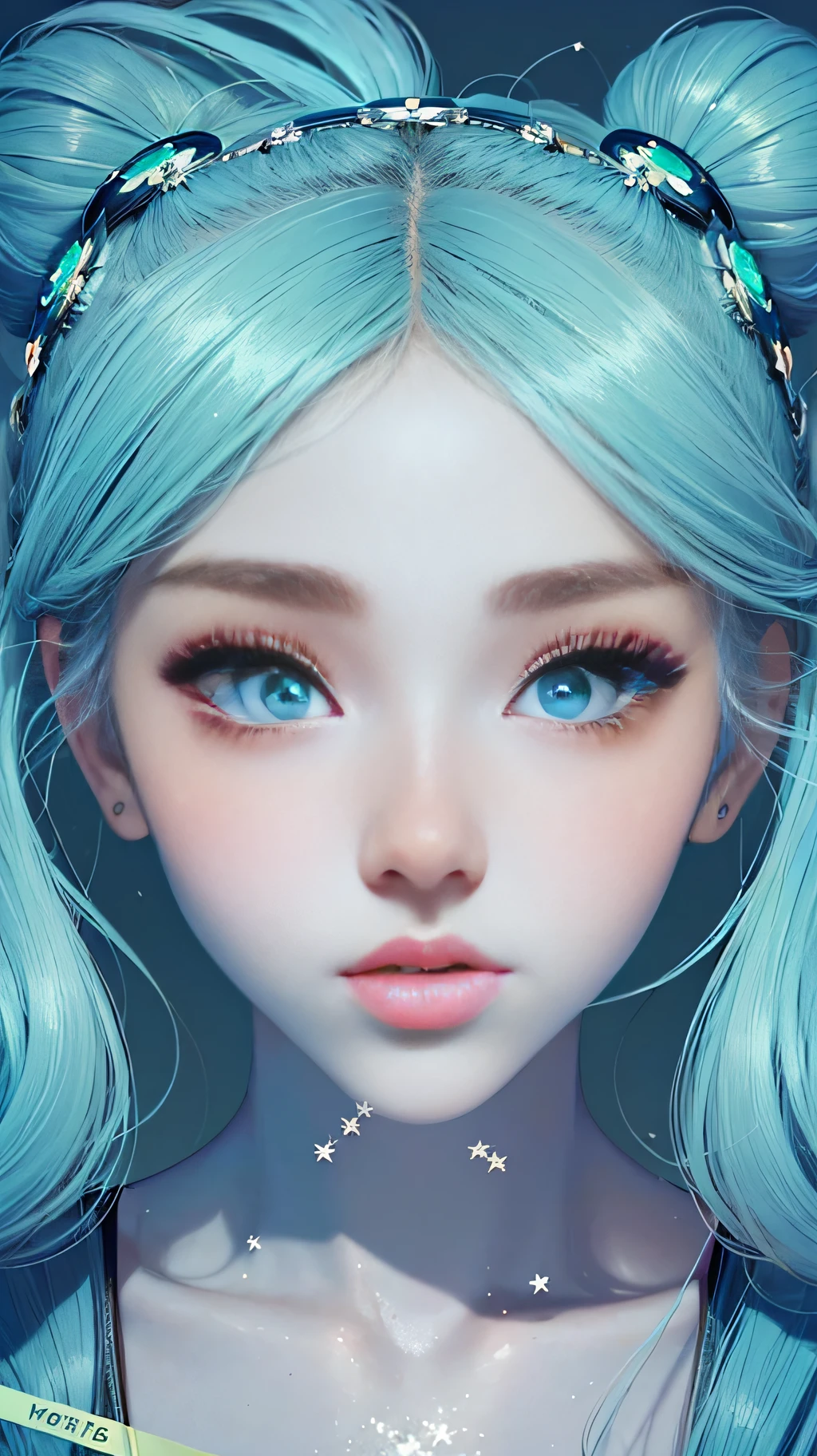 1girl, solo focus, 1girl, skin imperfection, light fair skin, perfect face, puffy face, beautiful face, big eyes, puffy eyes, green eyes, perfect eyes, eyelashes, medium space buns ombre hair