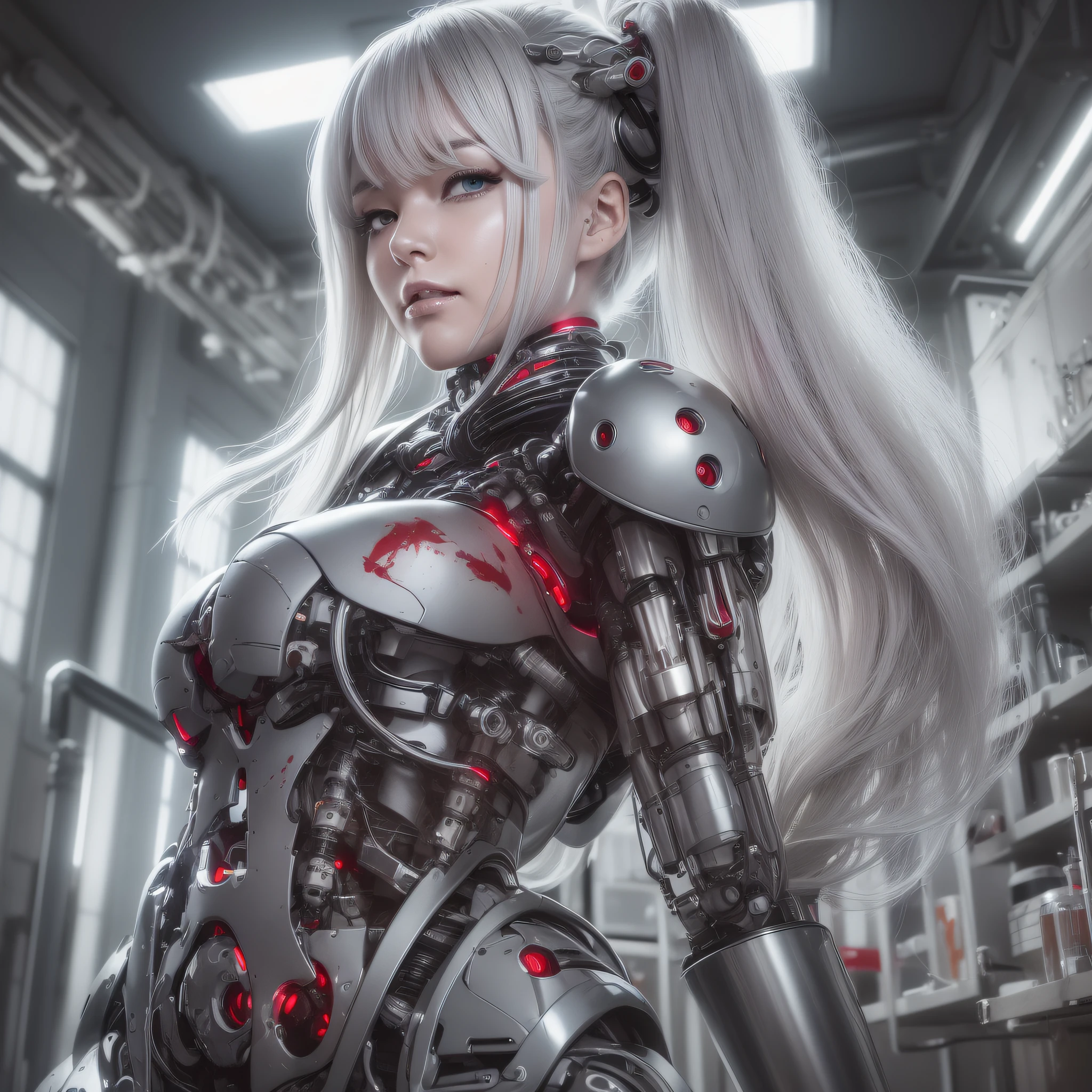 Beautiful Face,face is Japan, 1 Female, Big, Curvaceous, Top Quality, Masterpiece, Ultra Detailed, (Tube Attached Blood Vessel)((Bikini Cyborg Robot Parts)))), (Light Grey Hair), Long Hair, Wavy Hair, Twin Tails, Medium Shot, (((Seductive Smile)), (Black Eyes), Princess Cut,From Below, (whole body ),posing,,in the laboratory,( blood vessel connected to a tube),((mechanical vertebrae attached to the back)),((mechanical neck attached to the neck)),(wire cable attached to the head and body),(character focus),science fiction,