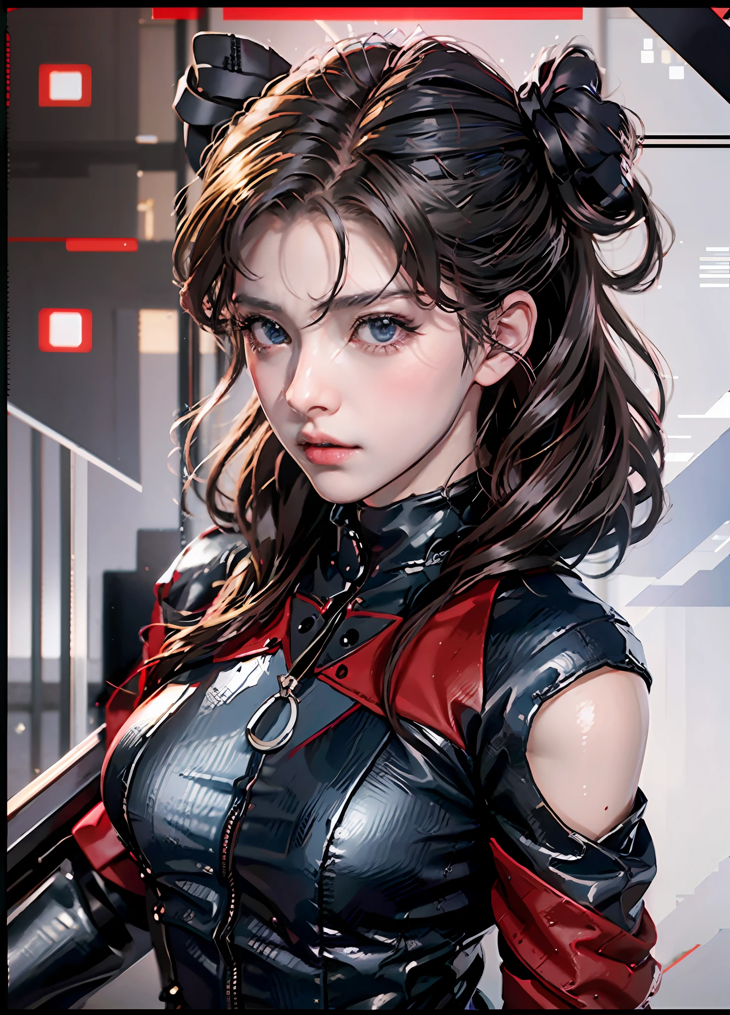 Rin Tohsaka from Fate Stay Night, sexy, police officer, black and red police outfit, Japanese special forces, innovative design, perfect composition, hentai, photorealistic, anime realism, 8k, ray tracing, volumetric lighting, hyperrealism
