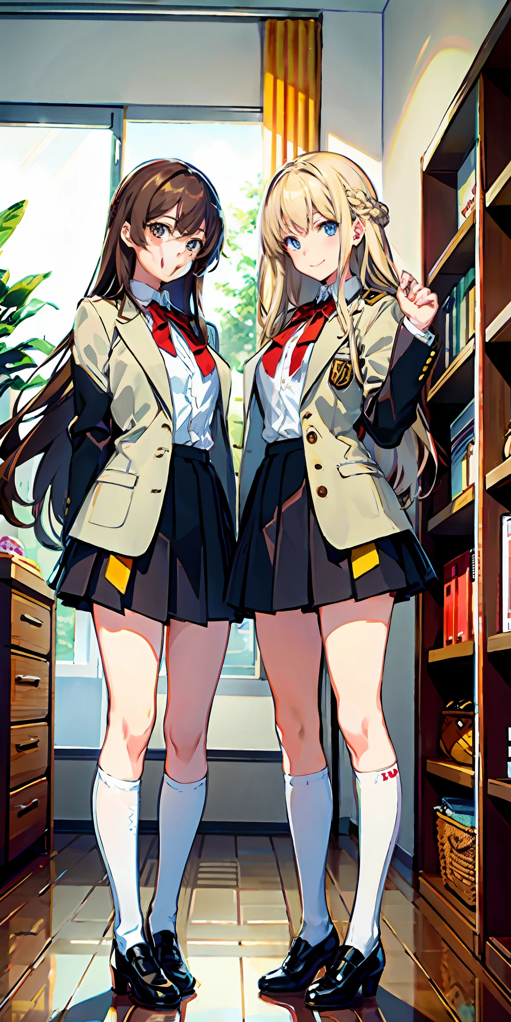 perfect anime illustration, 17 year old girls, medium breasts, 2girls, (1 blonde girl, 1 brown haired girl), twin sisters, rich girls, brown hair, blonde hair, curly hair, long hair, different hair colors, hazel eyes, smiling, white skin, school uniform, blazer, white thigh high socks, high heels, matching outfits, highres, bedroom, full body