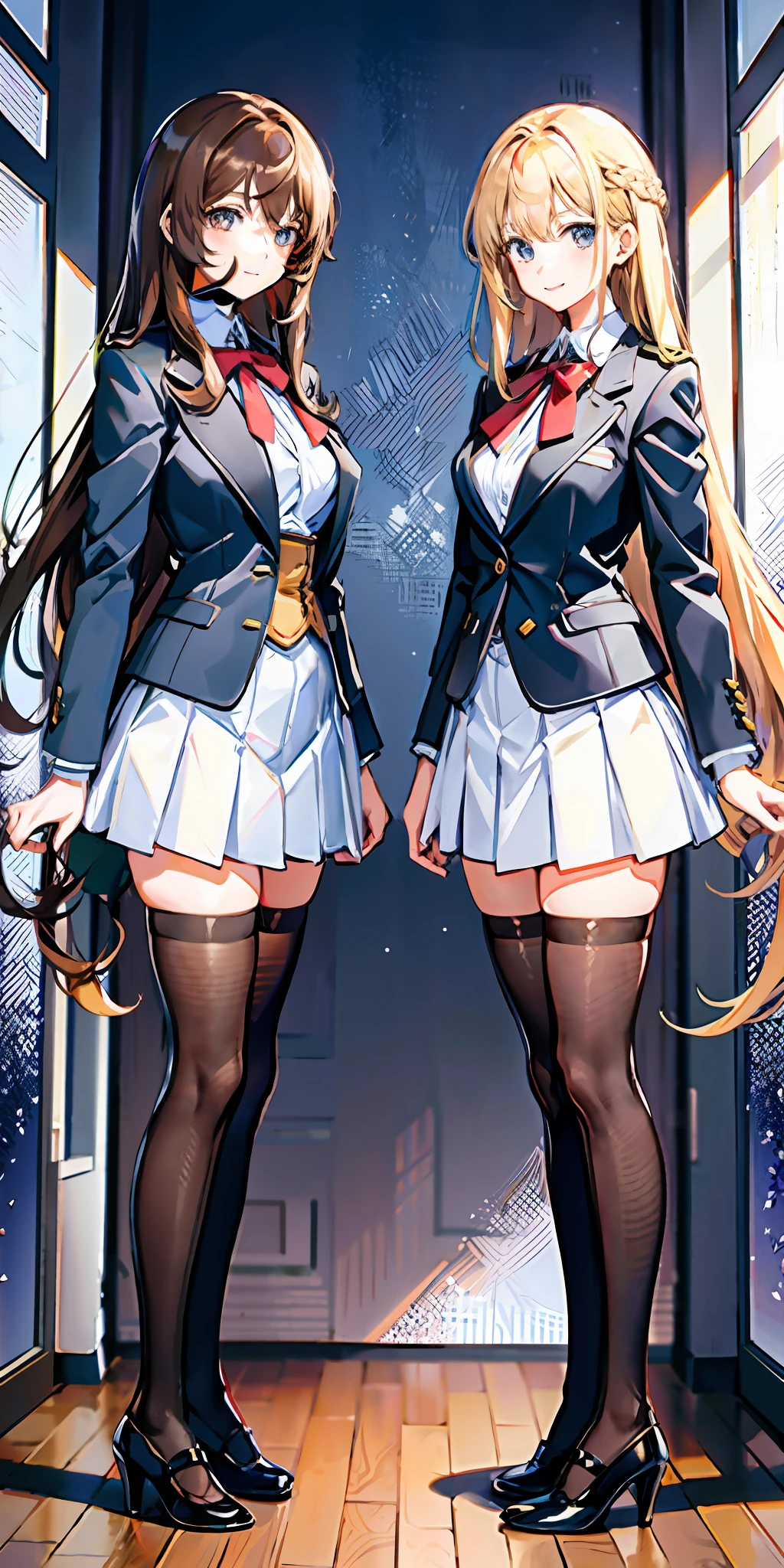 perfect anime illustration, 17 year old girls, medium breasts, 2girls, (1 blonde girl, 1 brown haired girl), twin sisters, rich girls, brown hair, blonde hair, curly hair, long hair, different hair colors, hazel eyes, smiling, white skin, school uniform, blazer, white thigh high socks, high heels, matching outfits, highres, bedroom, full body