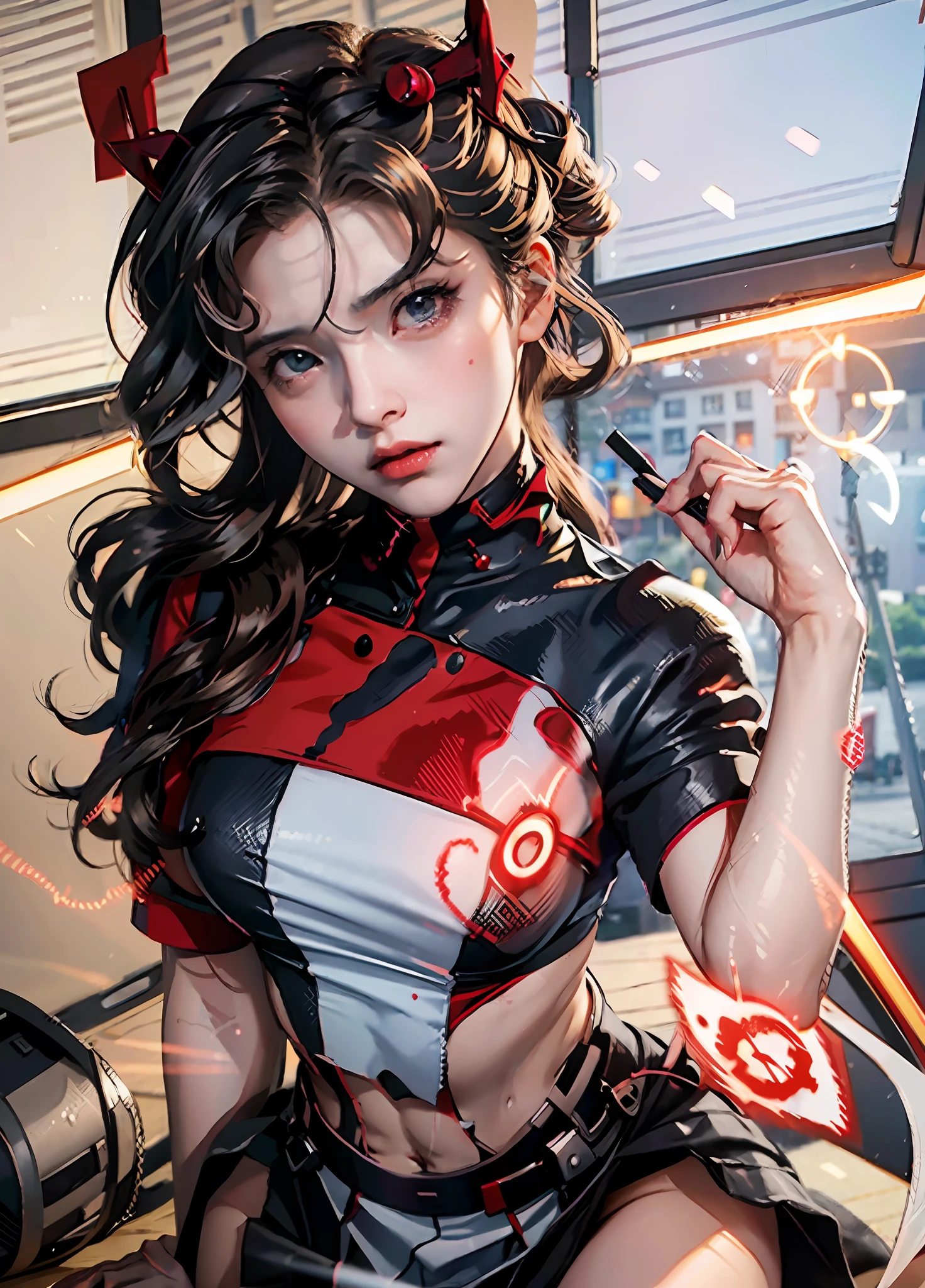 Rin Tohsaka from Fate Stay Night, sexy, police officer, black and red police outfit, Japanese special forces, innovative design, perfect composition, hentai, photorealistic, anime realism, 8k, ray tracing, volumetric lighting, hyperrealism