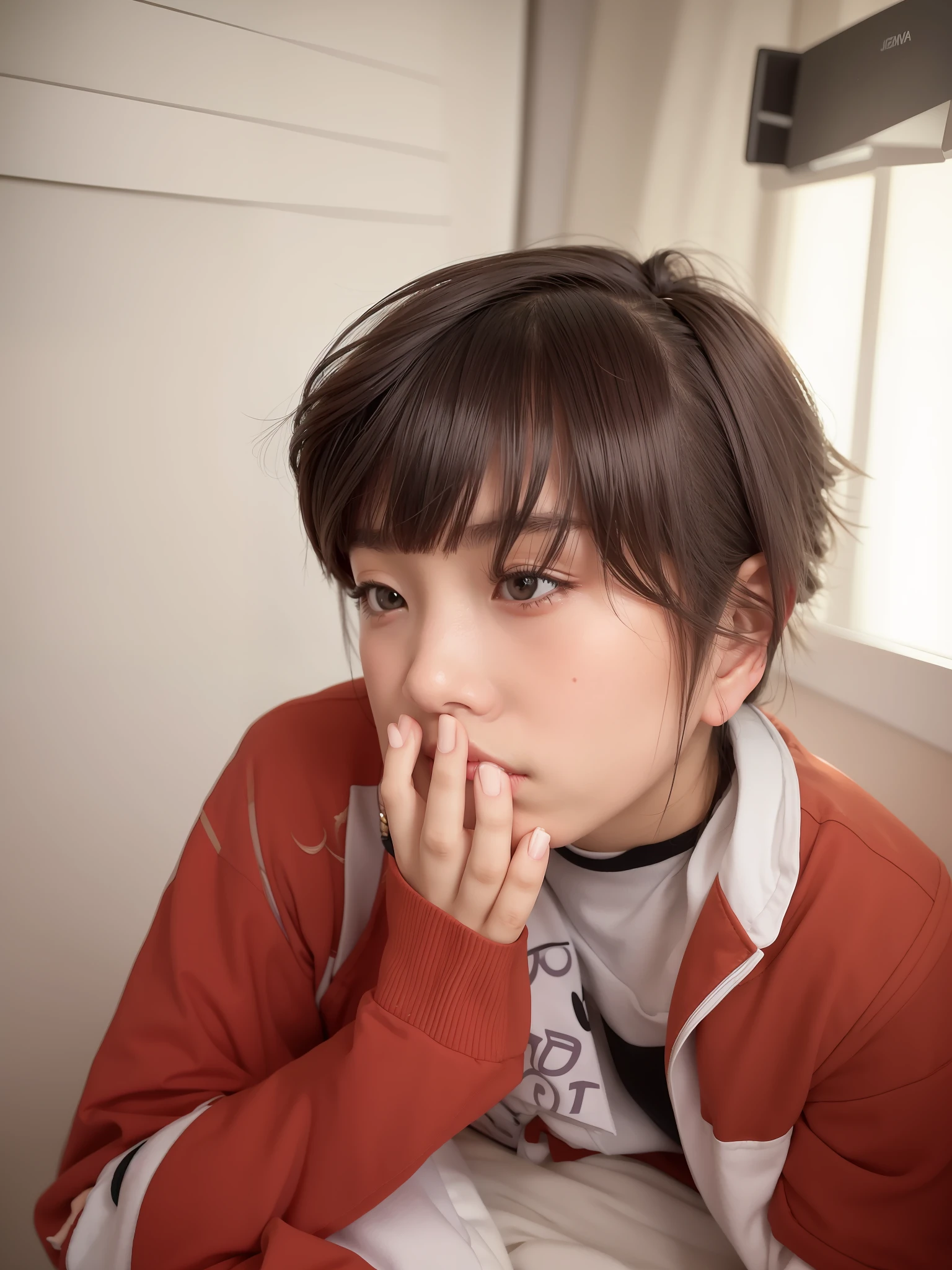 there is a young woman sitting on a bed with her hand on her chin, portrait of a japanese , chihiro! fujisaki, young asian girl, close up of a young anime girl, portrait of a japanese girl, of a youthful japanese girl, photo taken with sony a7r, closeup portrait shot, young cute wan asian face