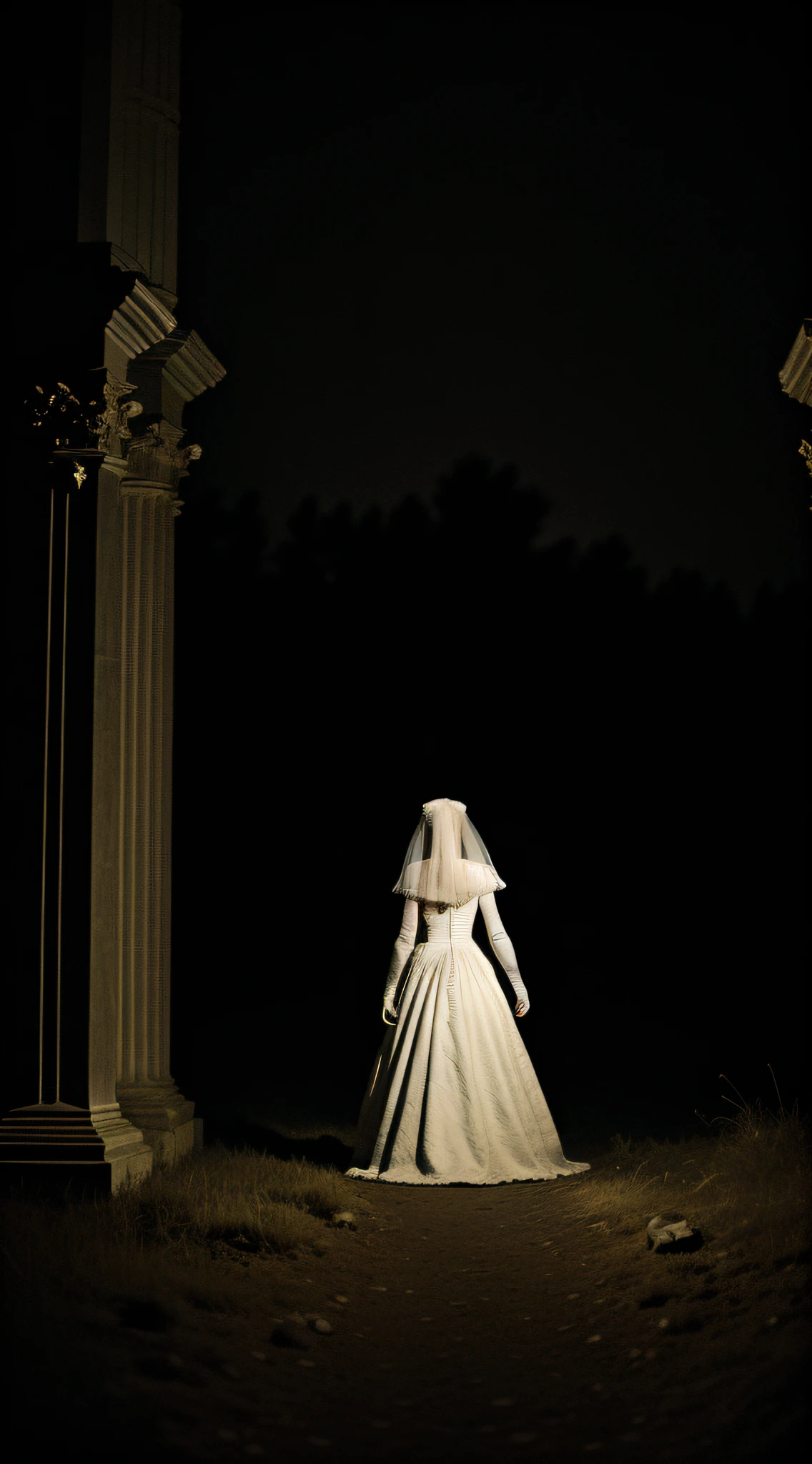 "A bride, dressed as a bloody, ghostly, creepy bride, walking around the scimitario on a sad full moon night, with dark light effects, dirt effects on the lens, and a dynamic and refined framing that captures the horrific atmosphere and loneliness of the figure."