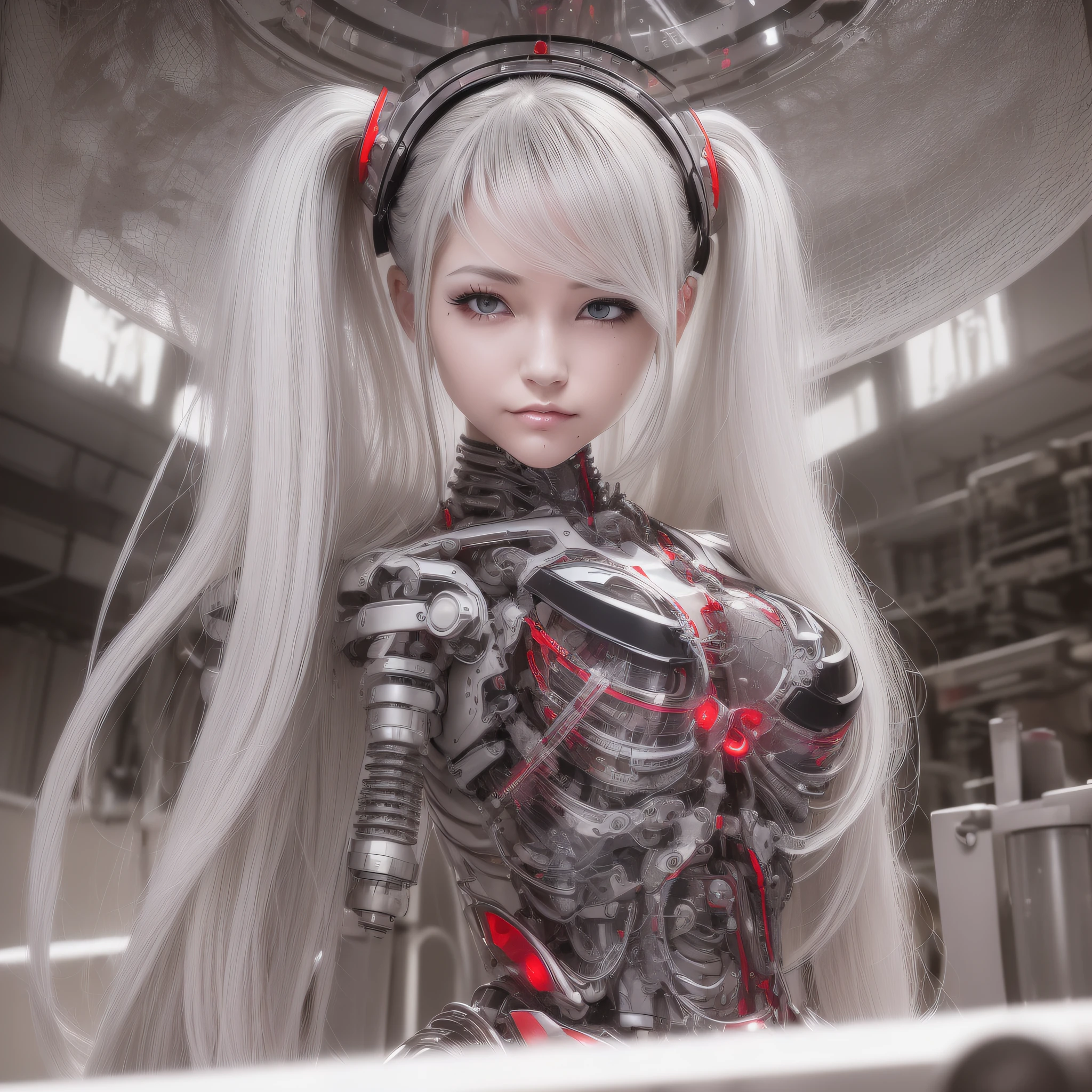 Beautiful Face,face is Japan, 1 Female, Big, Curvaceous, Top Quality, Masterpiece, Ultra Detailed, (Tube Attached Blood Vessel)((Bikini Cyborg Robot Parts)))), (Light Grey Hair), Long Hair, Wavy Hair, Twin Tails, Medium Shot, (((Seductive Smile)), (Black Eyes), Princess Cut,From Below, (whole body ),posing,,in the laboratory,( blood vessel connected to a tube),((mechanical vertebrae attached to the back)),((mechanical neck attached to the neck)),(wire cable attached to the head and body),(character focus),science fiction,