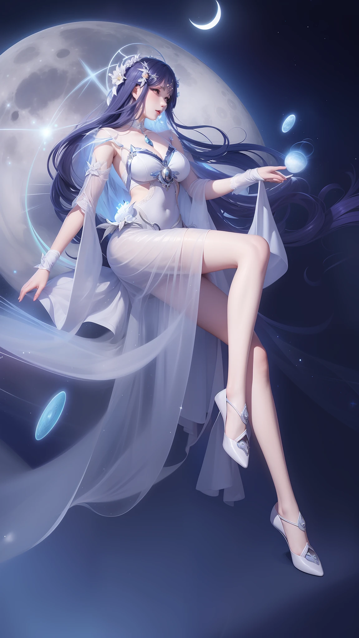 A woman in a white dress sitting on the moon, beautiful celestial mage, celestial goddess, moon goddess, moon goddess, galaxy goddess, full body fairy, anime goddess, moon theme costume, astral fairy, astral witch costume, goddess of time and space, hunting and moon goddess, cosmic goddess, lace bra