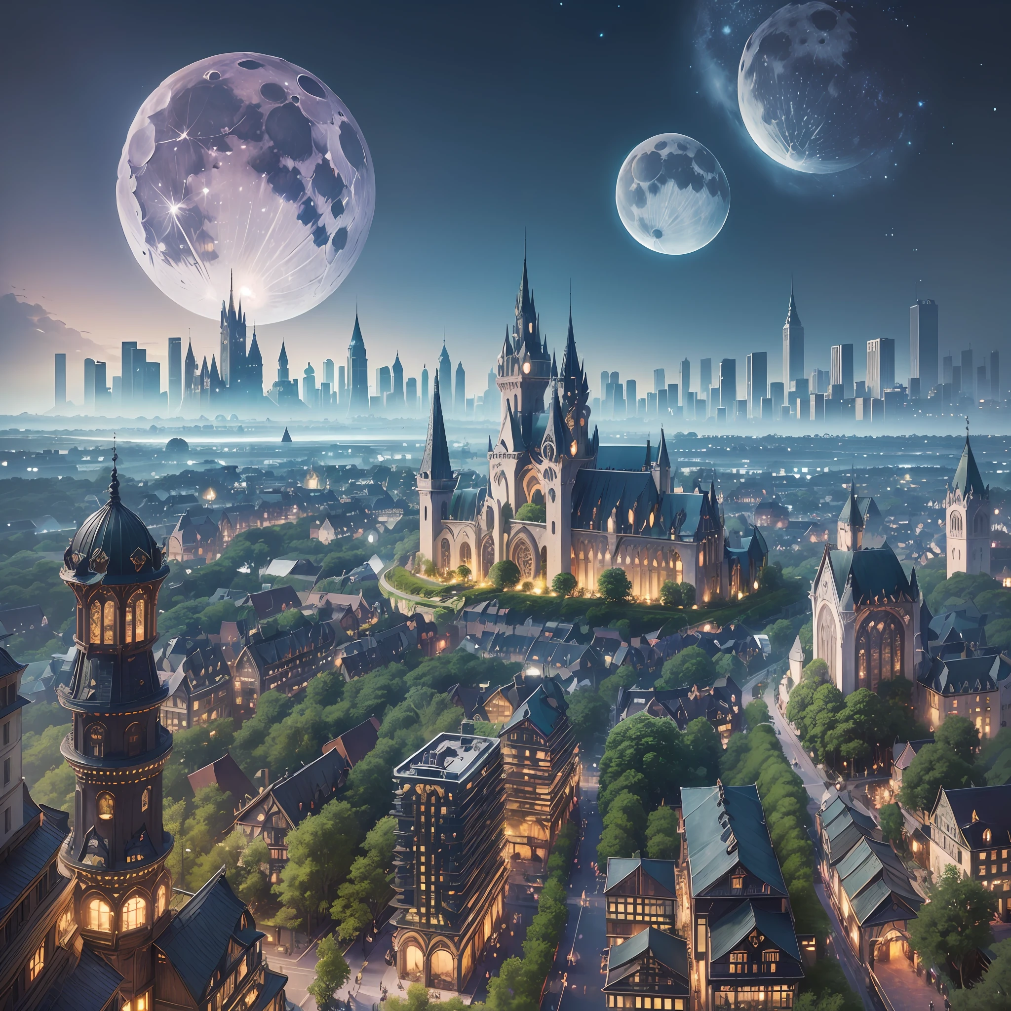 "(((Enchanting+Romantic) Cityscape)), ((Organic Materials+Vegetation-Covered Buildings)), ((Mysterious+Otherworldly+Moonlit+Gleaming)). (High Resolution+Detailed+Beautiful)." --auto --s2