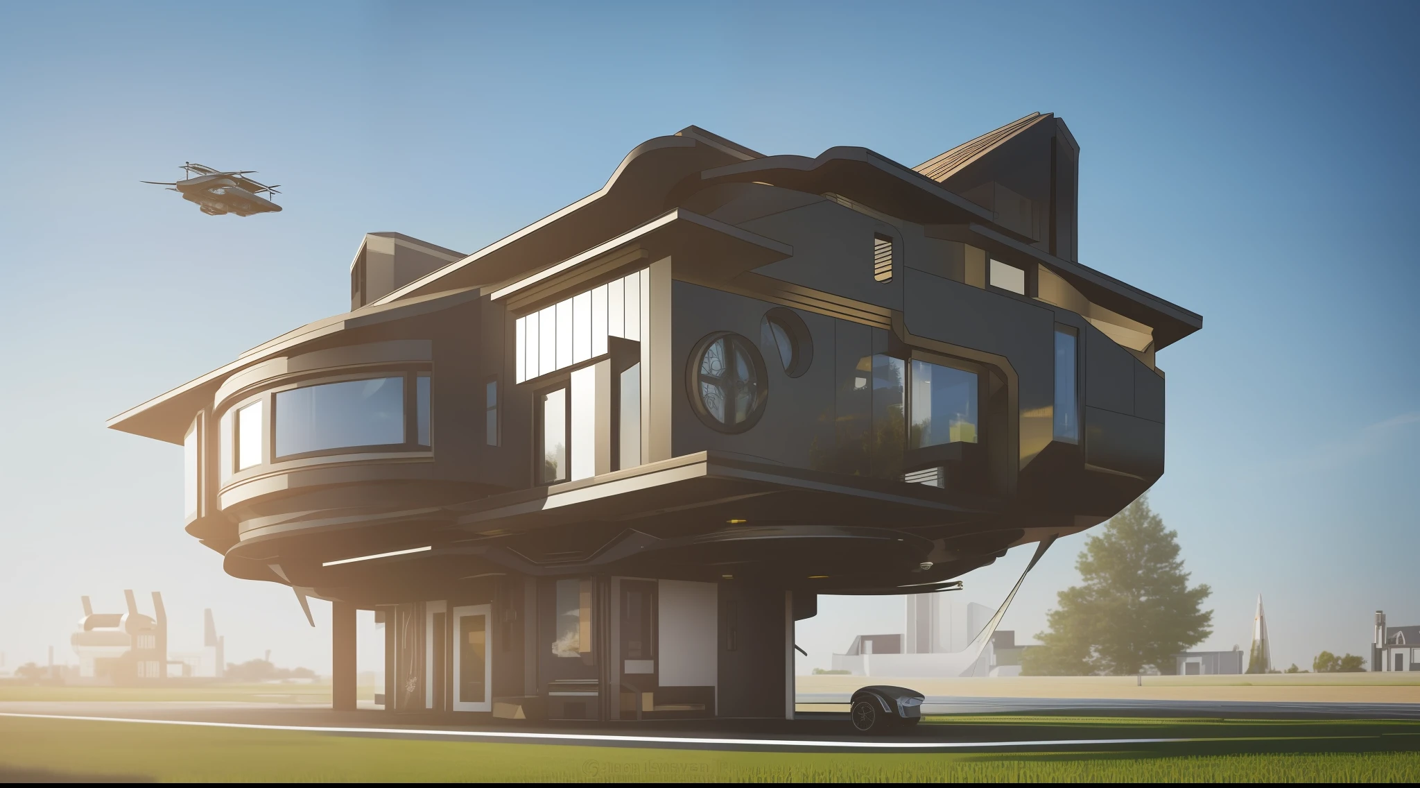 an extremely complex futuristic and advanced steampunk house, a flying vehicle in the garage, lots of technology on the walls of the house, technology decoration, normal small houses next door, green lawn, 2 sun in the sky, 200mm lens