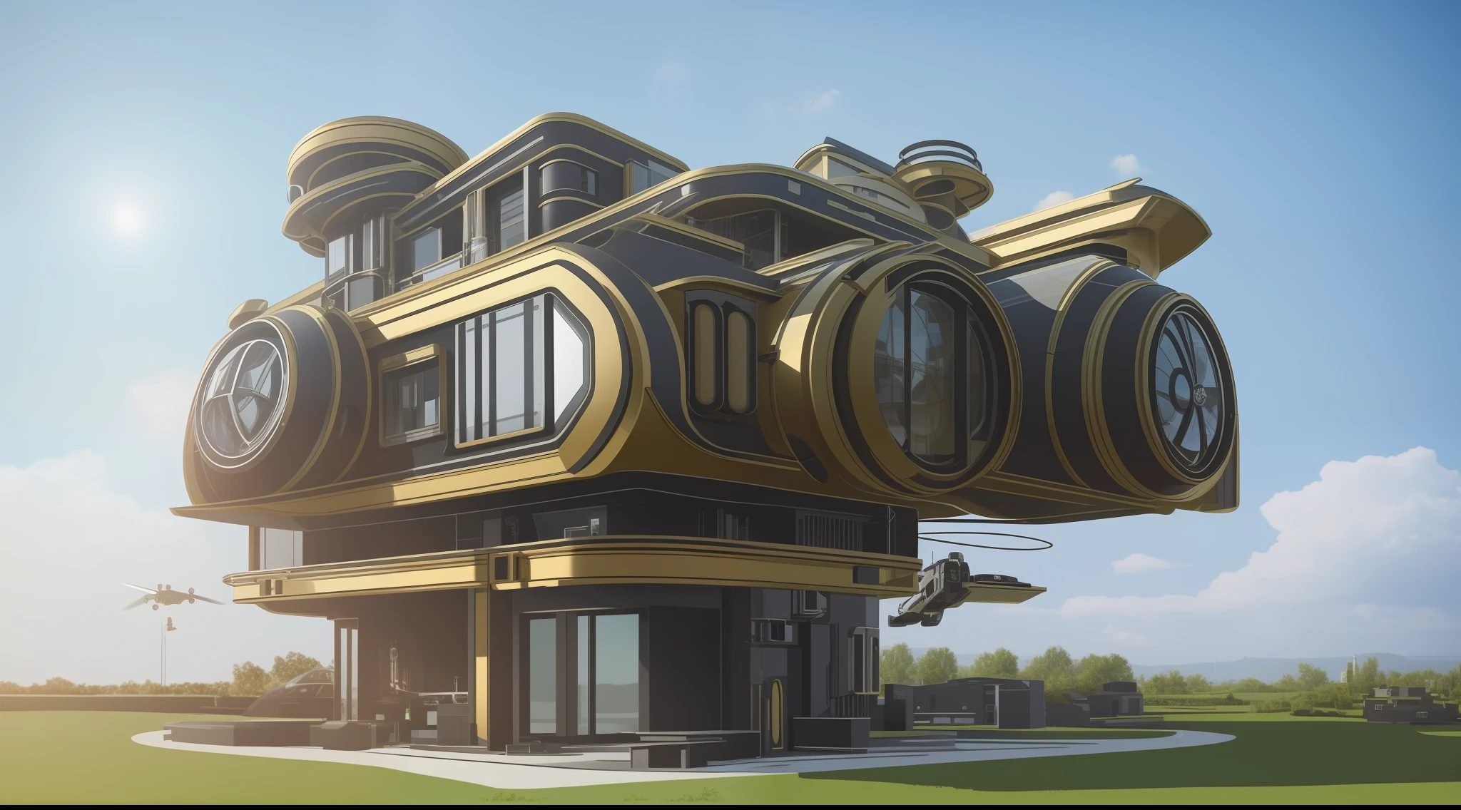 an extremely complex futuristic and advanced steampunk house, a flying vehicle in the garage, lots of technology on the walls of the house, technology decoration, normal small houses next door, green lawn, 2 sun in the sky, 200mm lens