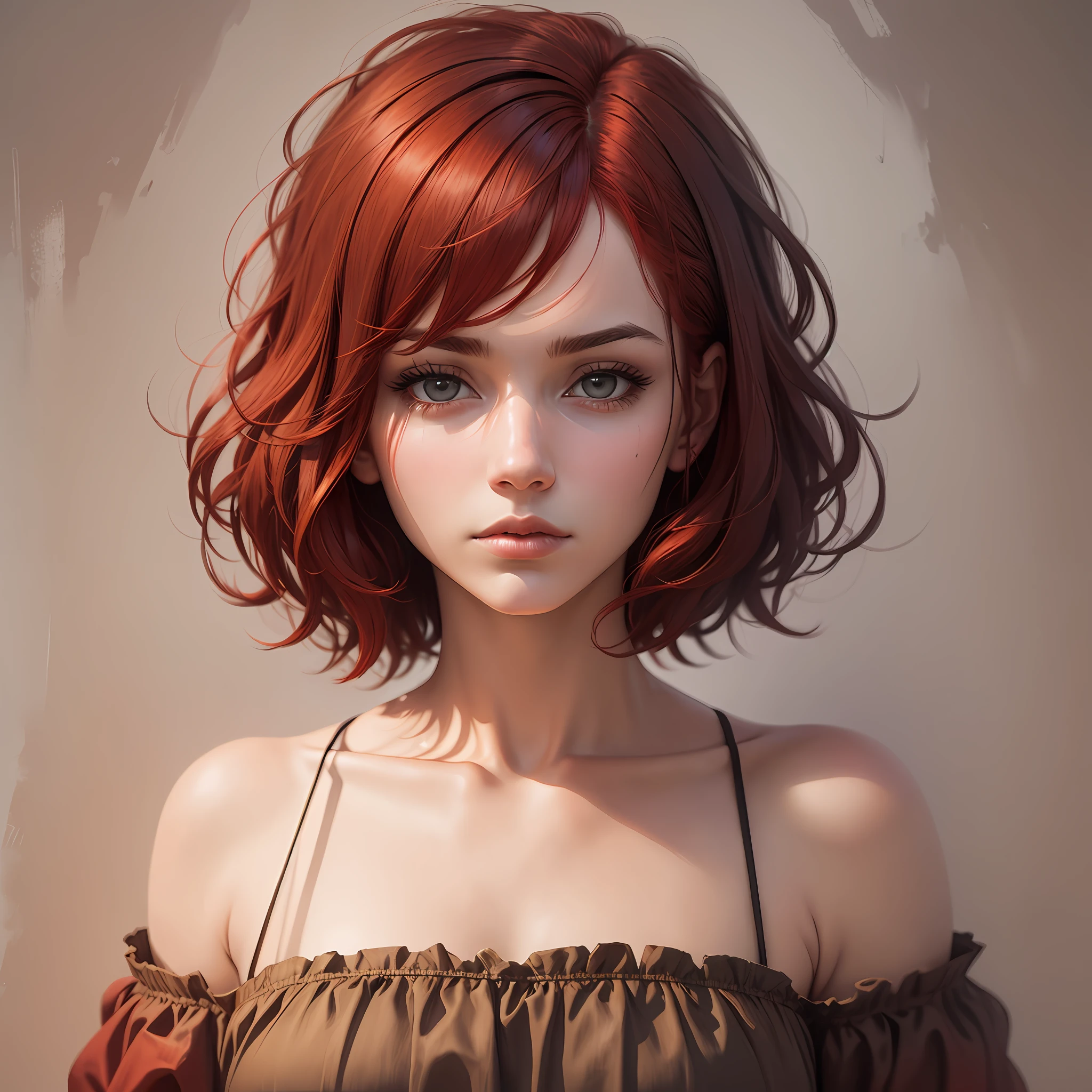 "(Work of art), superior quality, portrait of a beautiful sad woman with short red hair."