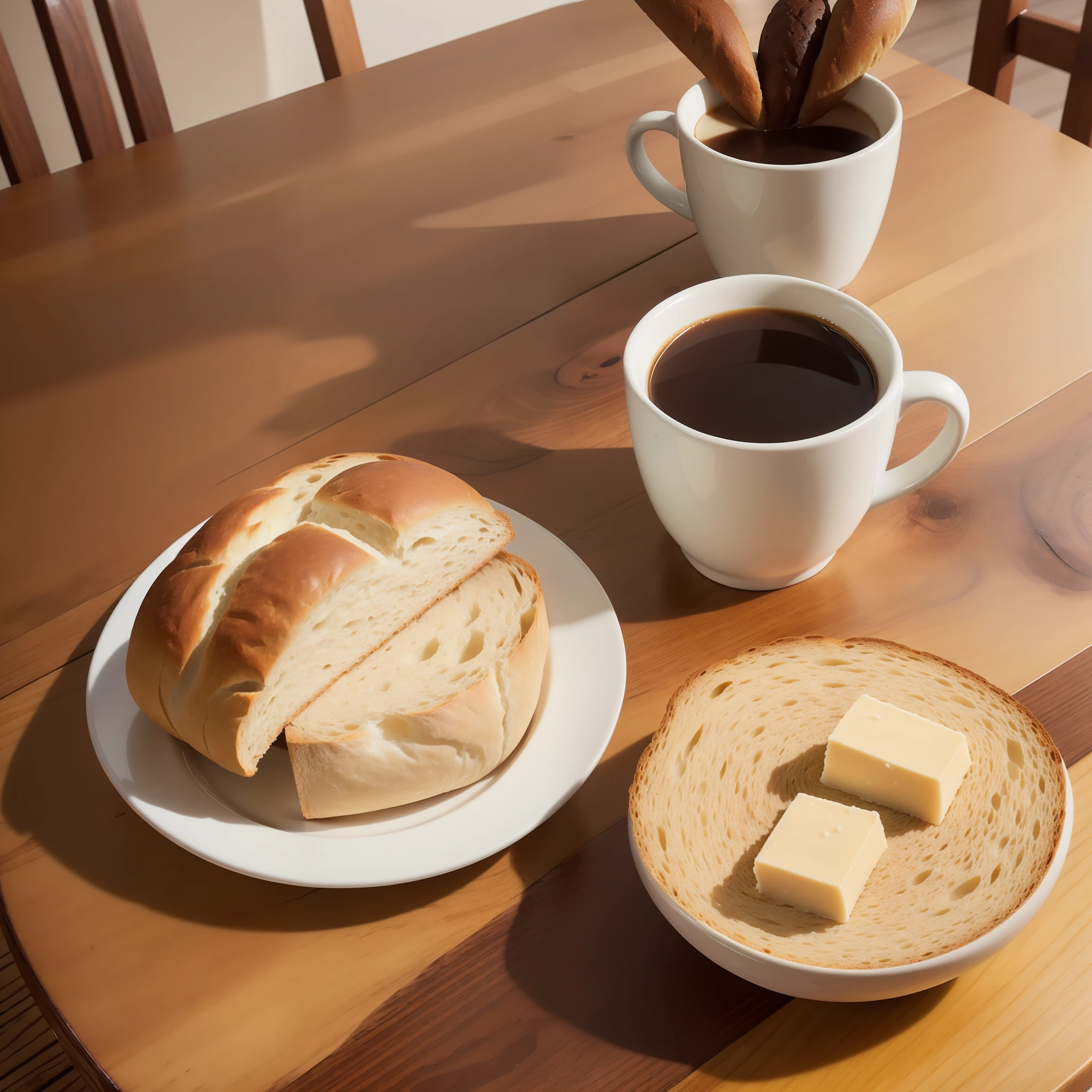 Create a realistic image of a bread and butter and coffee on a wooden table