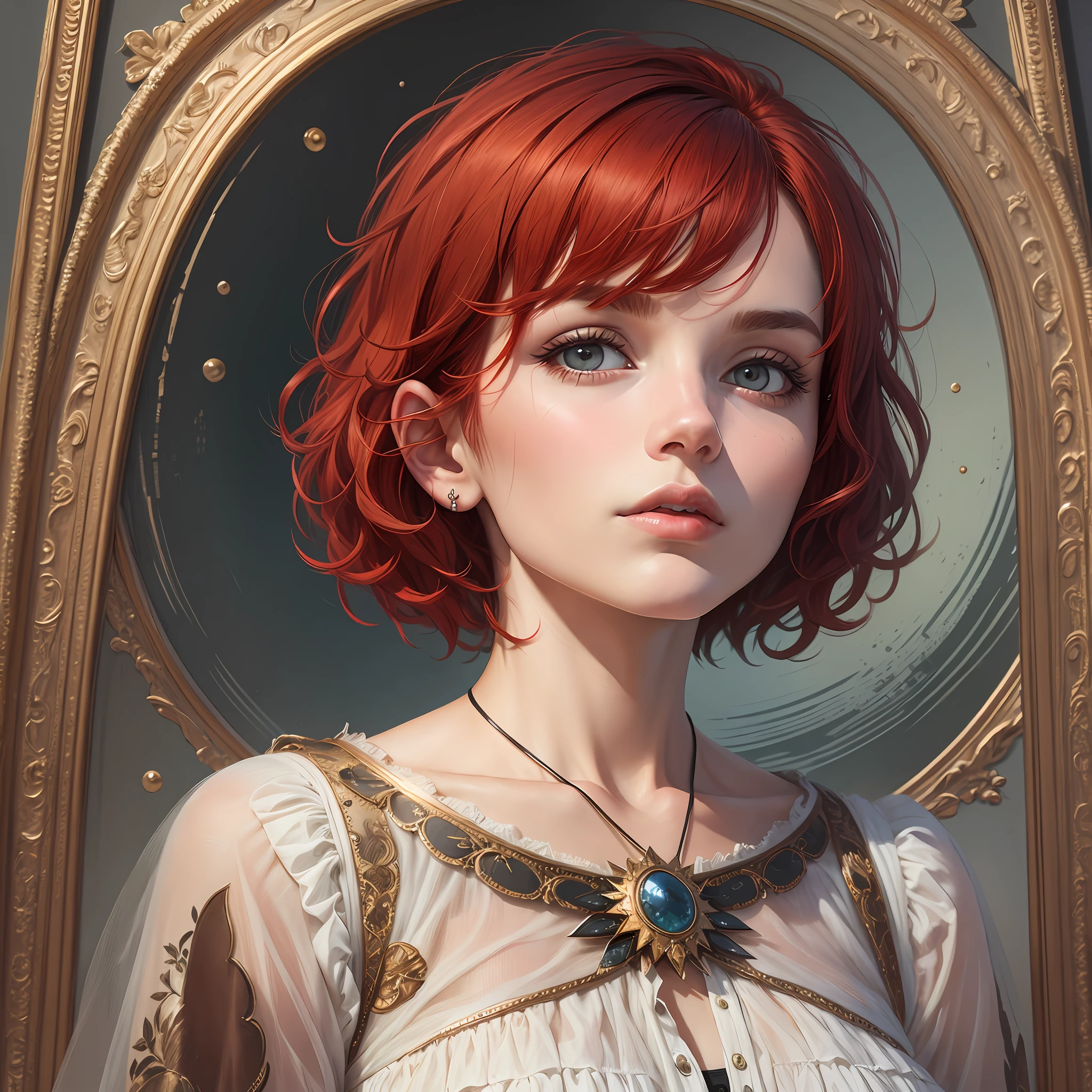 "(Work of art), superior quality, portrait of a beautiful sad woman with short red hair."