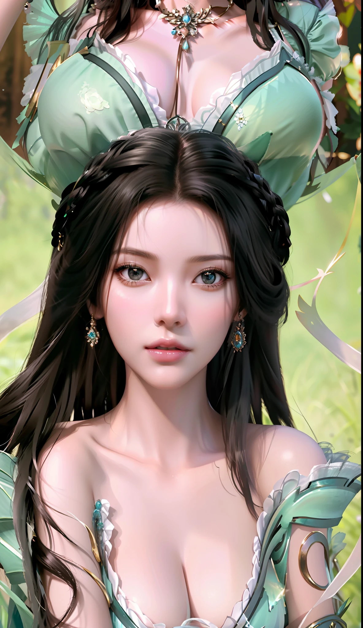 black background wall, blurred background, highest quality, closeup of a woman, perfect face, perfect figure, seductive, charming, ultra hd, textured skin, super detail, 8k, super fine, real, super large breasts, big breasts, breast exposure, torn clothes, perfect face, delicate eyes, seductive, charming, nudity, 3d rendered character art 8k, fantasy characters, 3DCG, close up of a woman, close-up of boobs, perfect face, perfect figure, alluring, charming, thighs, long legs, beautiful legs,, Hands behind and looking at me head-on, stereoscopic, textured skin, super detailed characters, 8k, fantasy characters, 3DCG, masterpiece, CG competition best work, peerless beauty, 3DCG, movie bloom, movie soft light, skin type, skin type white as jade, flawless, delicate nose, peerless beauty, sister, royal sister, 3D movie character 8K, movie bloom, movie soft light, skin texture, flawless, sneaky work
