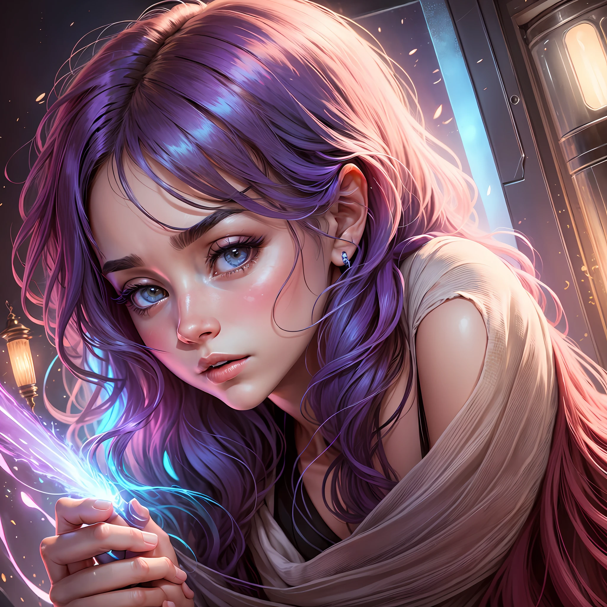 (a scene from a romance movie: 1.2), two protagonists talking in a cozy room,a man and a woman,(a mysterious element arises: 1.5) the mysterious woman appears on the scene, close-up on her mysterious and expressive face,next to two protagonists,(suspense mood: 1.2),(kidney light: 1.5),(colors: 0.8), mystery, intimate scene, pt-BR.