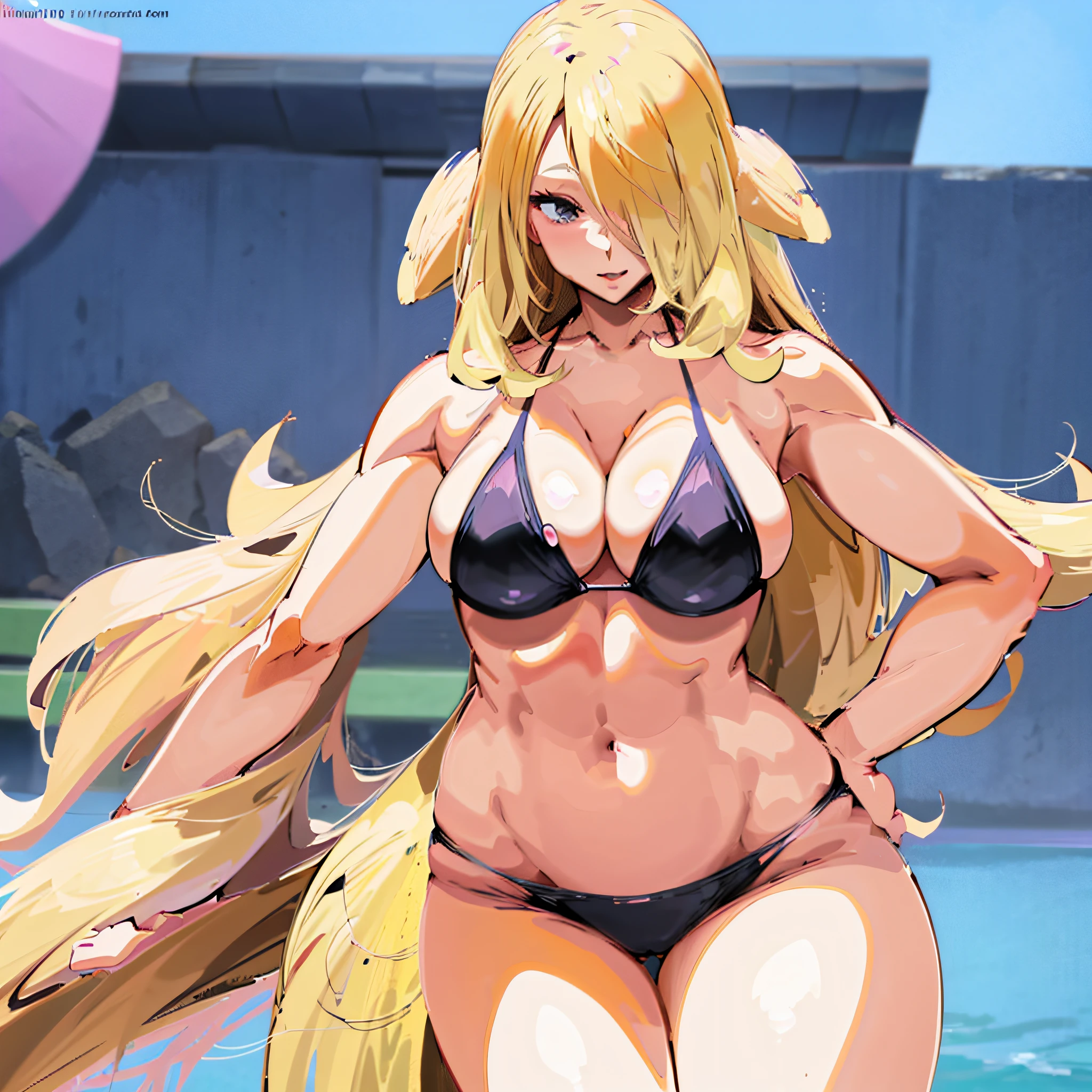 (hanime girl) in (busty bikini), with a mature body and (sensual curves).