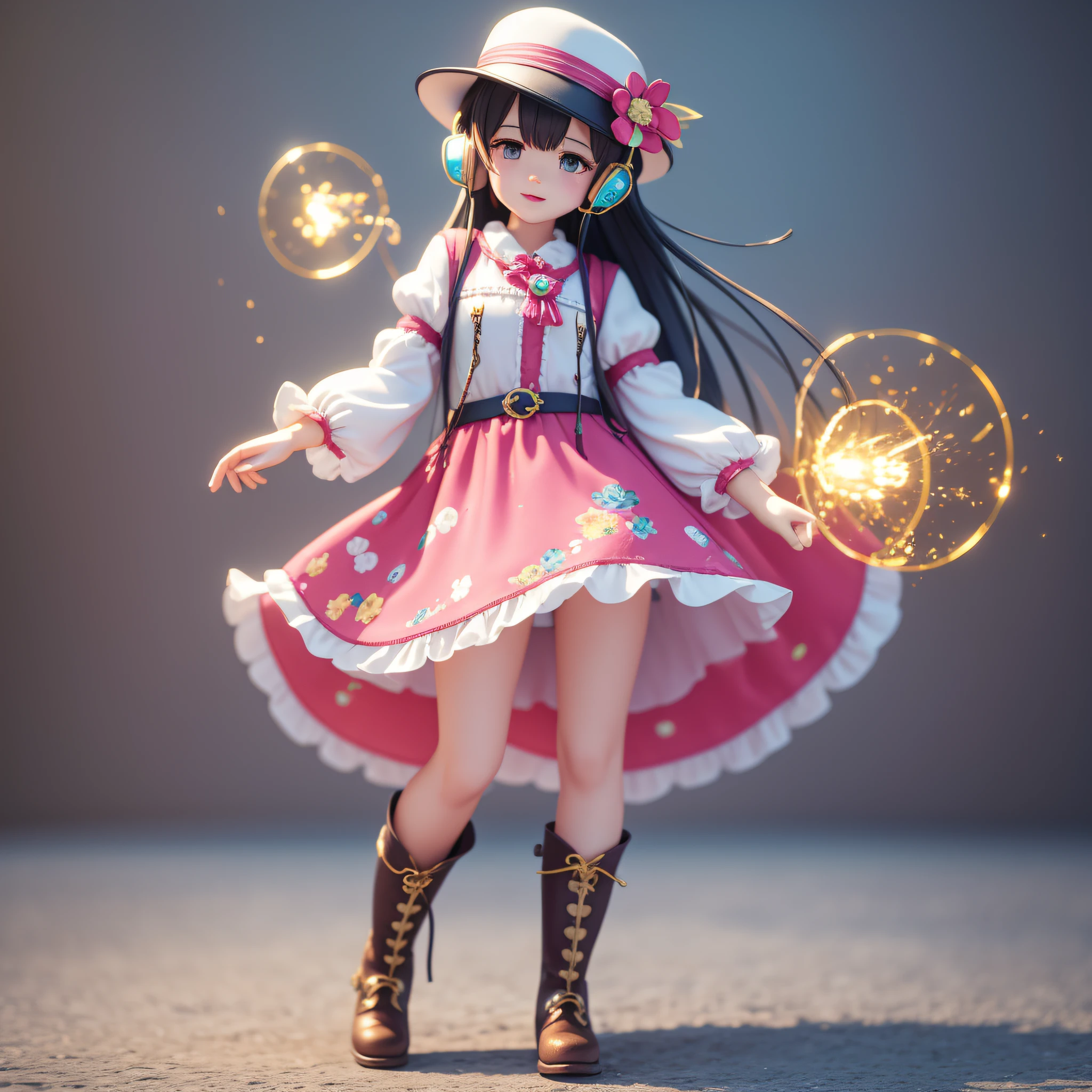 a Super cute girl ,Wearing a floral dress,Wearing boots,Wearing a hat and earphones,big watery eyes,full body,looking at viewer,open hands,MD clothing, clothing wrinkles,clean background,dreamy,excited,super cute girl IP by pop mart ,high detail ,hyper quality,Bright color,mockup blind box toy,disney style ,fine luster,3D render,oc render,best quality ,bright,front lighting,Face Shot,fine luster,ultra detoiled ,8k, --auto --s2