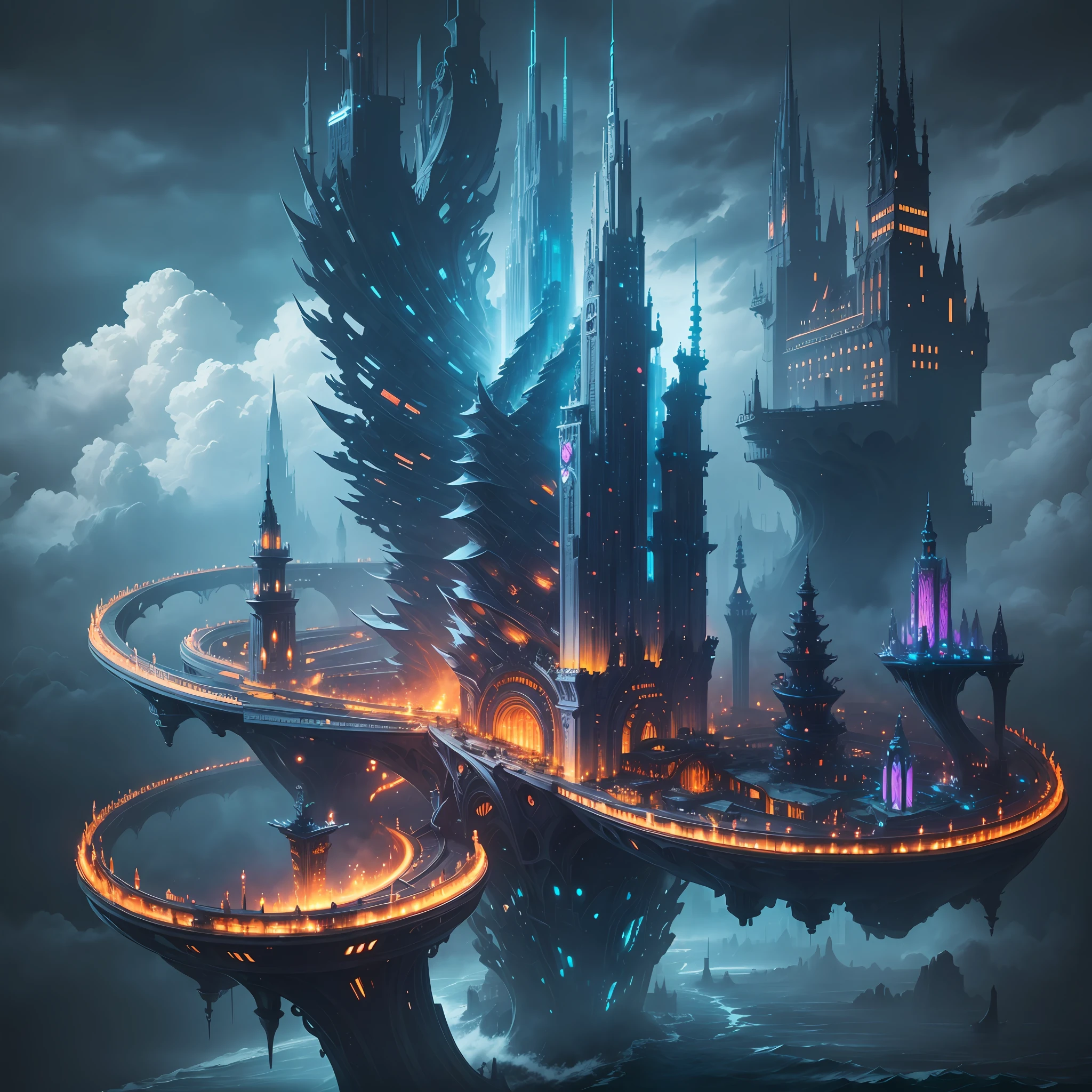 A massive, floating city built above a stormy sea, held up by glowing towers that extend into the clouds. The architecture is a blend of futuristic skyscrapers and medieval castles, all connected by a network of suspended bridges and walkways. --auto --s2