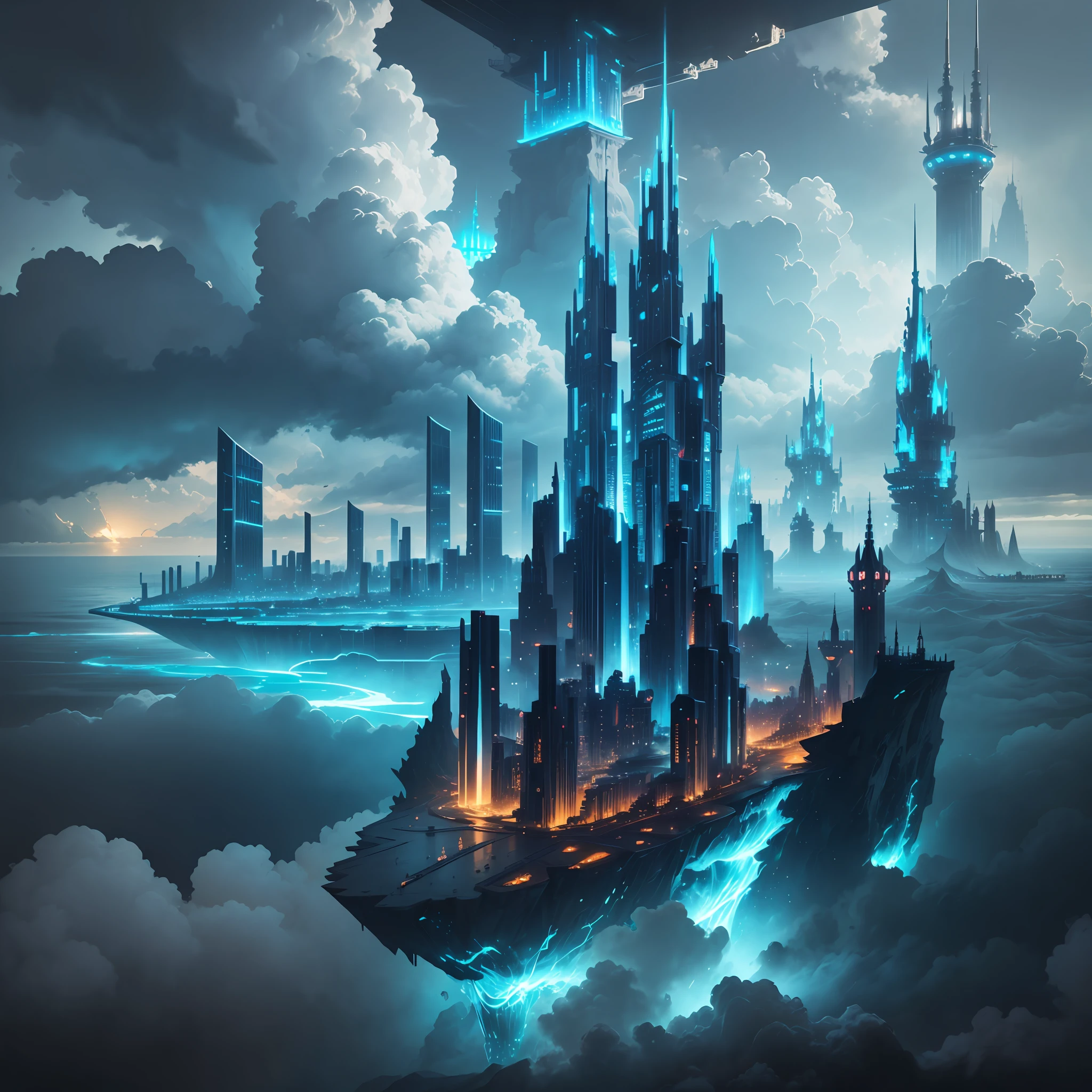 A massive, floating city built above a stormy sea, held up by glowing towers that extend into the clouds. The architecture is a blend of futuristic skyscrapers and medieval castles, all connected by a network of suspended bridges and walkways. --auto --s2