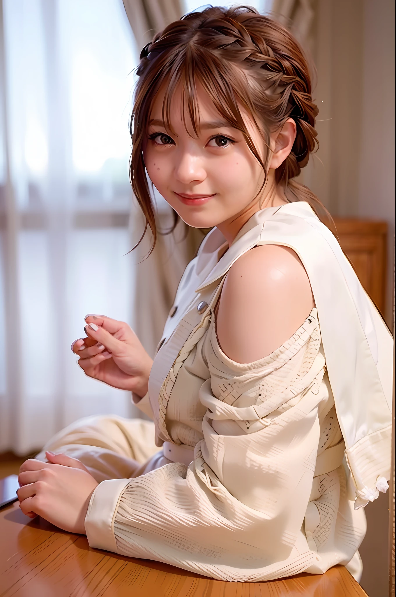 (bridal_hairstyle:1.3), a woman taking a picture in a wedding dress,
Good hands, 4K, high resolution, masterpiece, top quality, head: 1.3, (((Hasselblad photo)), fine skin, sharp focus, (film lighting), night, soft lighting, dynamic angle, [:( detail face: 1.2):0.2], (((5 star hotel background))), brown hair, (shortcut), floating hair, ((braided hair))
