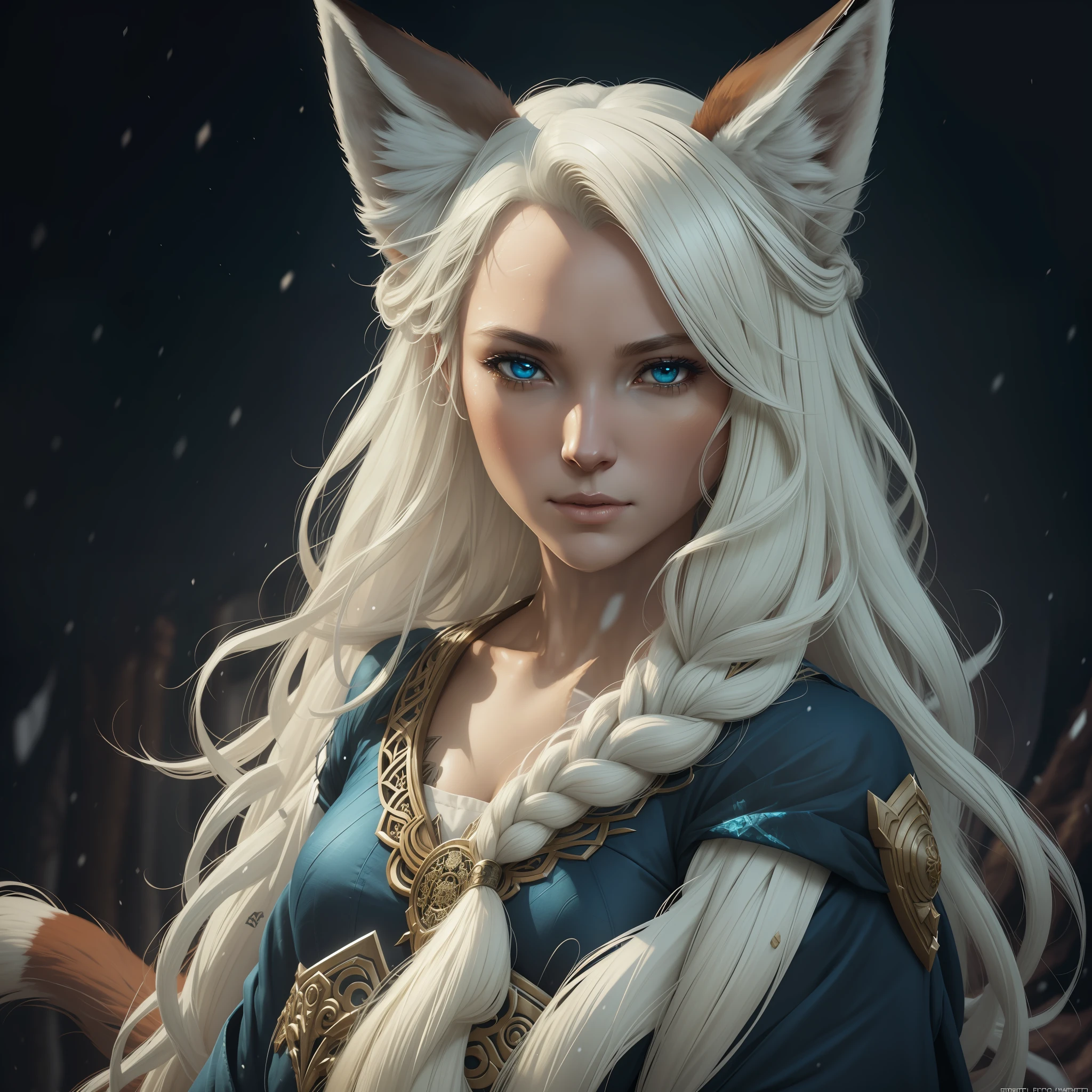 A beautiful woman goddess ((fox)), nine-tailed kitsune in bluish skin with white tones and ultra-realistic hair beautiful snow color, blonde hair, hollow eyes, hollow eyes, animal ears, food on the face, Surrealism, hyperrealism, jpeg artifacts, UHD, masterpiece, anatomically correct, curated, super detail, high detail, high quality, high detail, higher, 8k, Greg Rutkowski, , fantastic, Intricate detail, fantasy concept art, deviant art masterpiece, Cinematic.