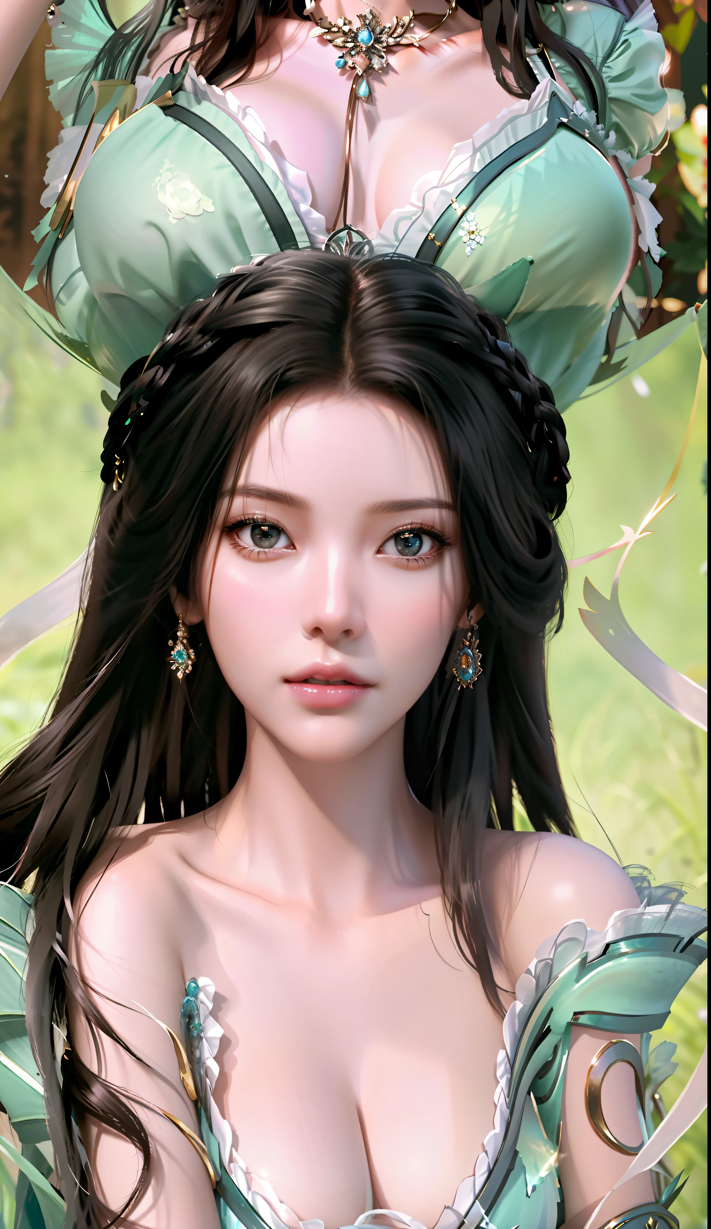 black background wall, blurred background, highest quality, closeup of a woman, perfect face, perfect figure, seductive, charming, ultra hd, textured skin, super detail, 8k, super fine, real, super large breasts, big breasts, breast exposure, torn clothes, perfect face, delicate eyes, seductive, charming, nudity, 3d rendered character art 8k, fantasy characters, 3DCG, close up of a woman, close-up of boobs, perfect face, perfect figure, alluring, charming, thighs, long legs, beautiful legs,, Hands behind and looking at me head-on, stereoscopic, textured skin, super detailed characters, 8k, fantasy characters, 3DCG, masterpiece, CG competition best work, peerless beauty, 3DCG, movie bloom, movie soft light, skin type, skin type white as jade, flawless, delicate nose, peerless beauty, sister, royal sister, 3D movie character 8K, movie bloom, movie soft light, skin texture, flawless, sneaky work