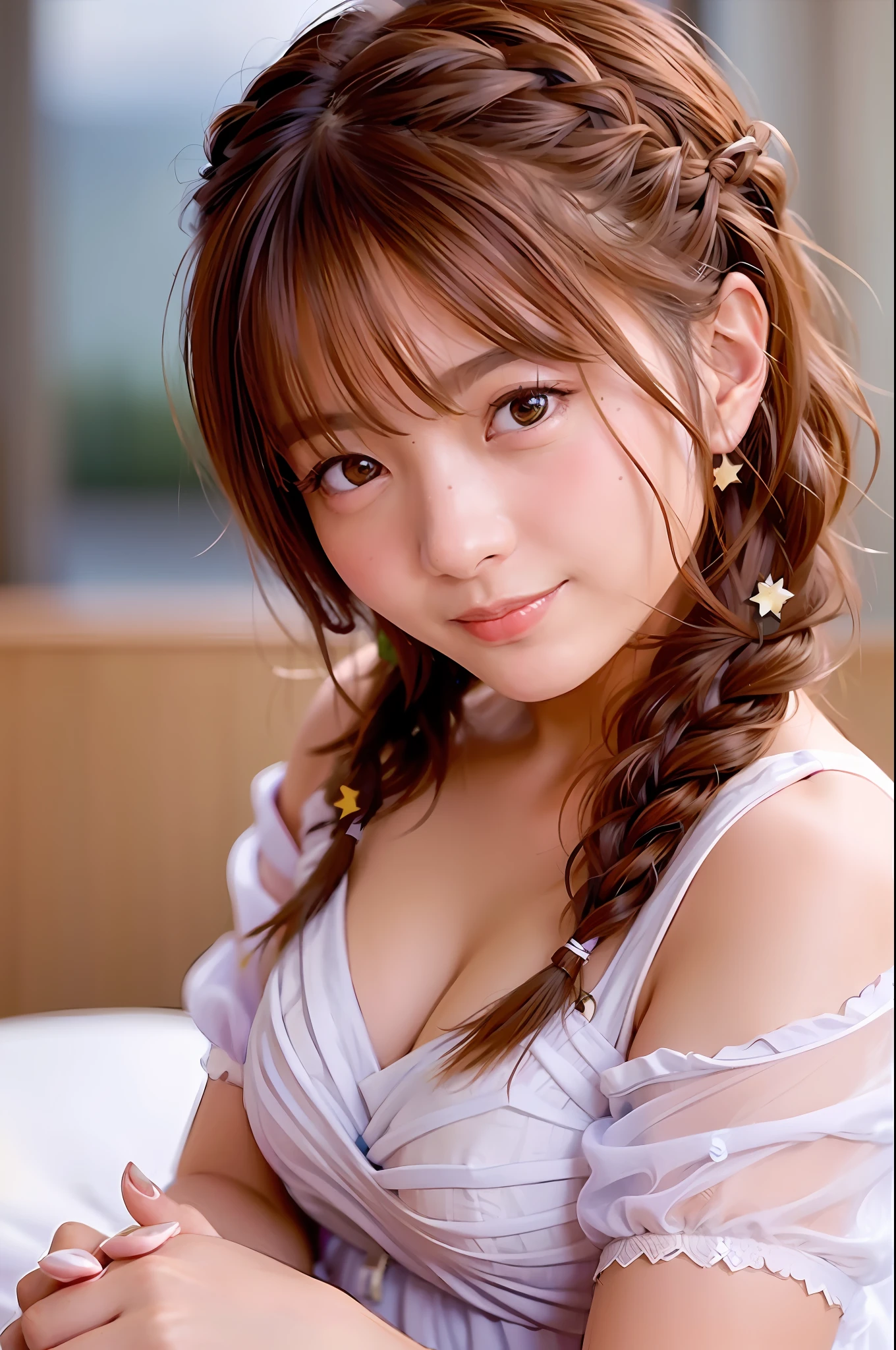 (bridal_hairstyle:1.3), a woman taking a picture in a wedding dress,
Good hands, 4K, high resolution, masterpiece, top quality, head: 1.3, (((Hasselblad photo)), fine skin, sharp focus, (film lighting), night, soft lighting, dynamic angle, [:( detail face: 1.2):0.2], (((5 star hotel background))), brown hair, (shortcut), floating hair, ((braided hair))