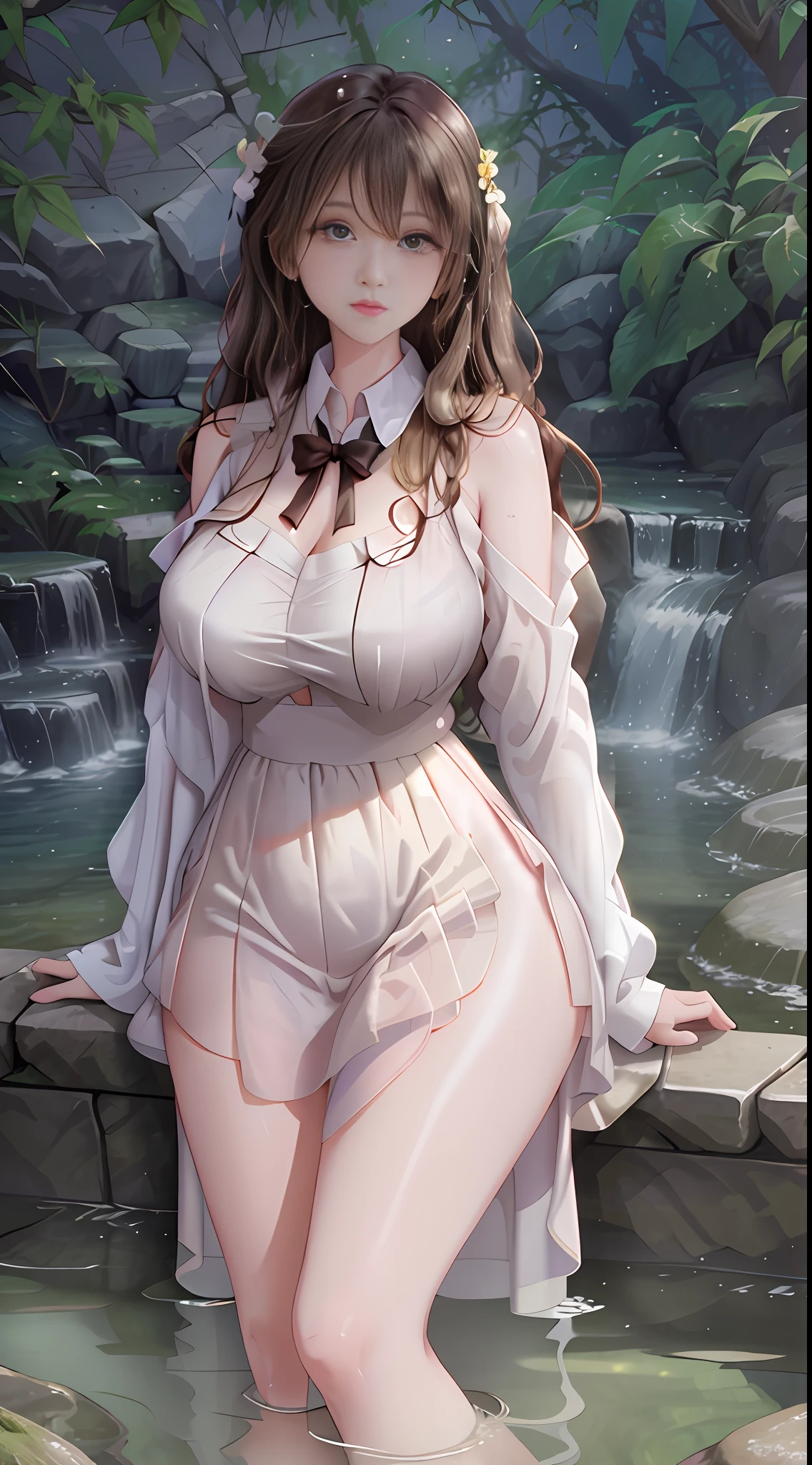 Best quality, masterpiece, super high resolution, a super model soaking in a hot spring in Japan, outdoor hot spring, hot spring made of stones, surrounded by moss and trees, super beautiful face, pure body, no makeup, pores clearly visible, big breasts, wide buttocks, thin waist, (realism: 1.8), original photo, wet body, covered in sweat, bare shoulders, in the dark, deep shadow, low-key, cold light, white long dress, stockings, shirt, light tulle, tulle