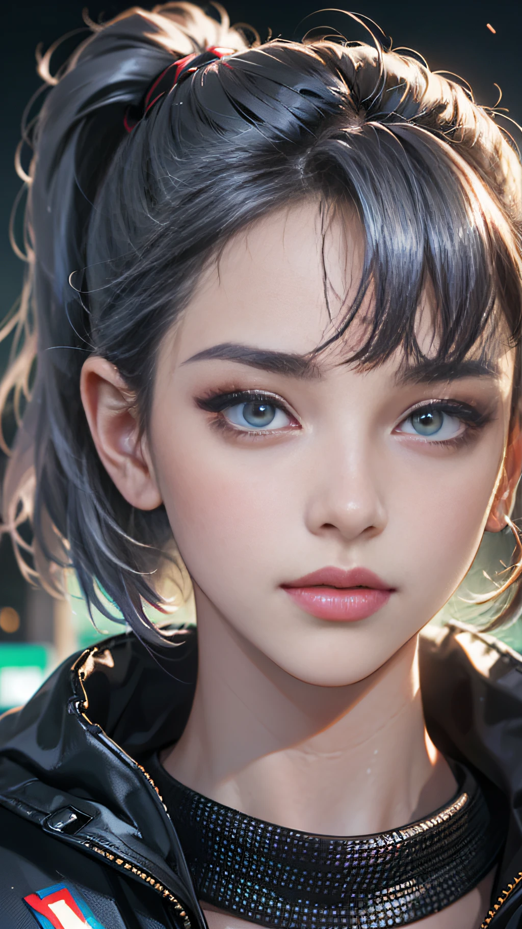 Master Works, 8K Resolution, (Ultra High Resolution), Cyberpunk, Medium Scene, Super Sweet Girl, Lipstick, Sparkling Eyes, No Expression, (Front Face), Medium Hair, Bangs Between Eyebrows, Ponytail, Gray Hair, Heavy Makeup, (Military Jacket, T-Shirt) Dynamic Angle, City Background, Face Macro Lens, Portrait Mode --auto --s2